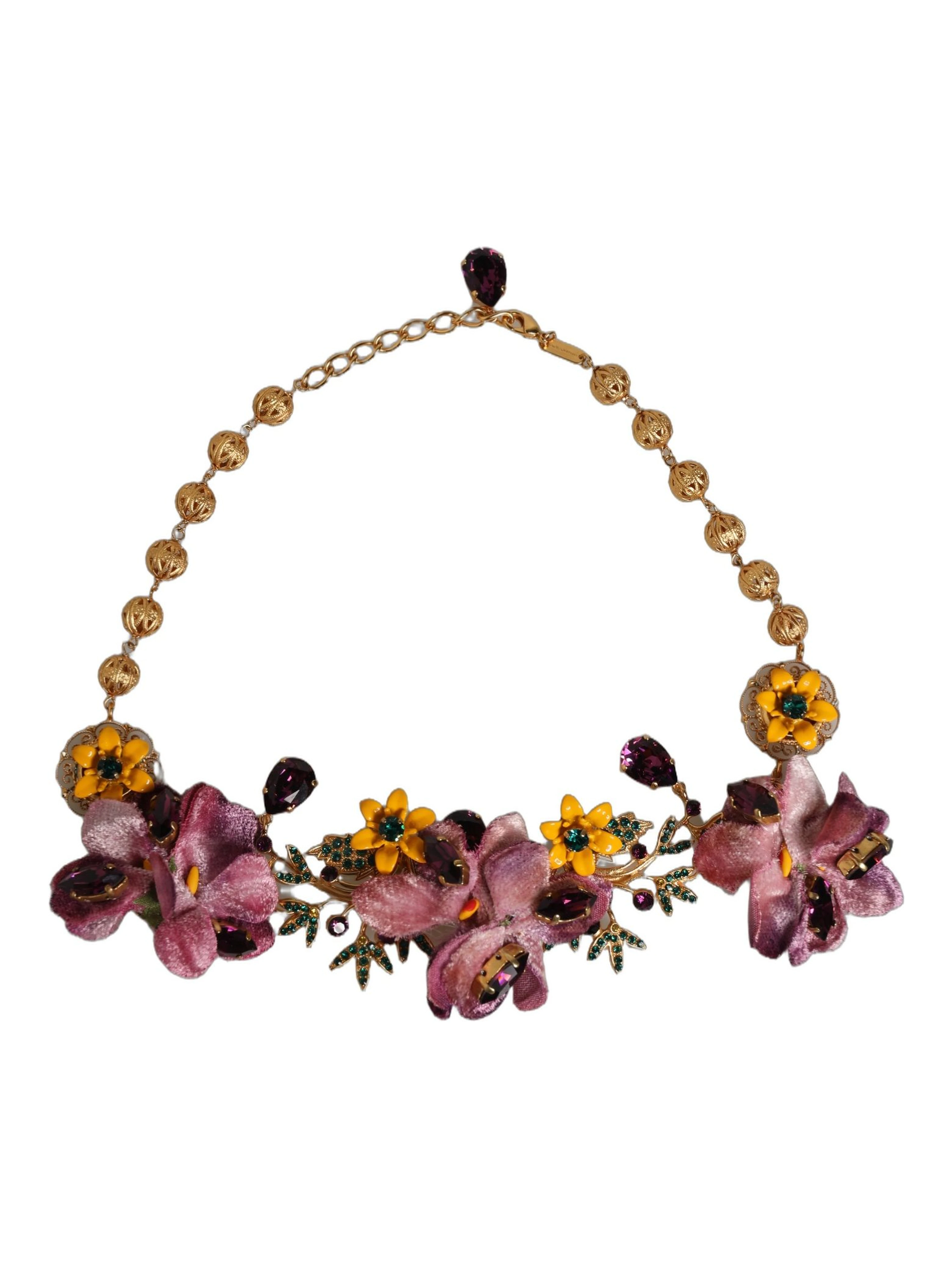 Gold Brass Mix Fiori Flowers Crystal Chain Necklace