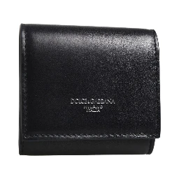 Black Calfskin Leather Logo Print Bifold CoinPurse Wallet