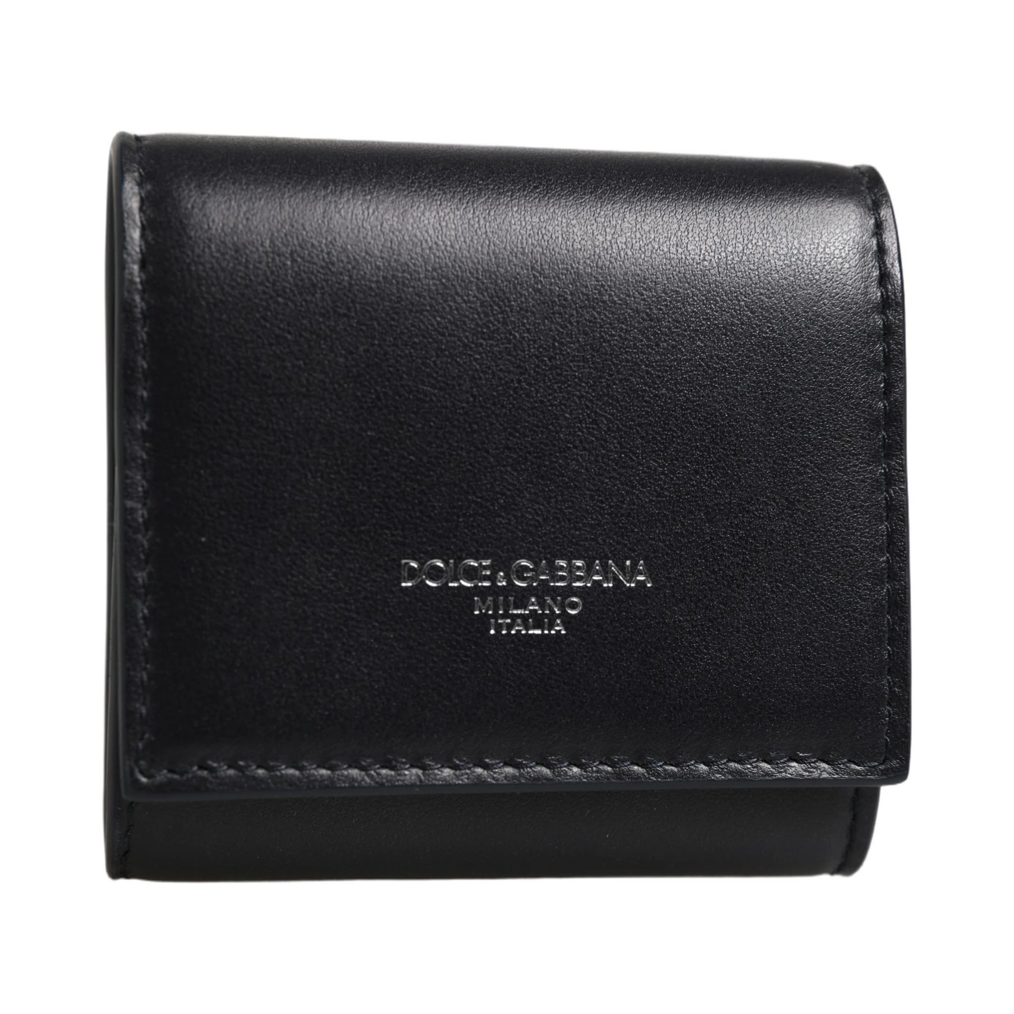 Black Calfskin Leather Logo Print Bifold CoinPurse Wallet