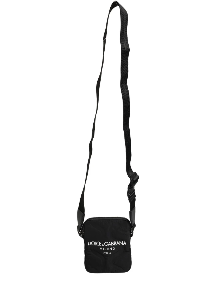 Black Nylon Rubberized Logo Print Crossbody Borse Bag