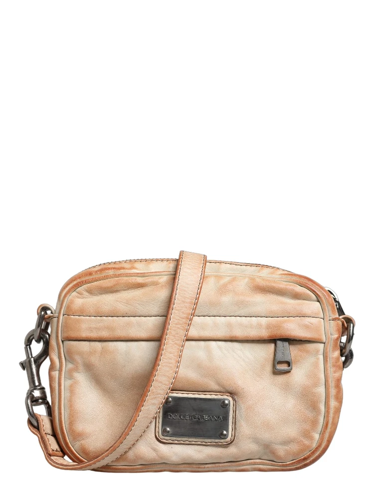 Beige Vintage Leather Logo Plaque Shoulder Borse Men Bag