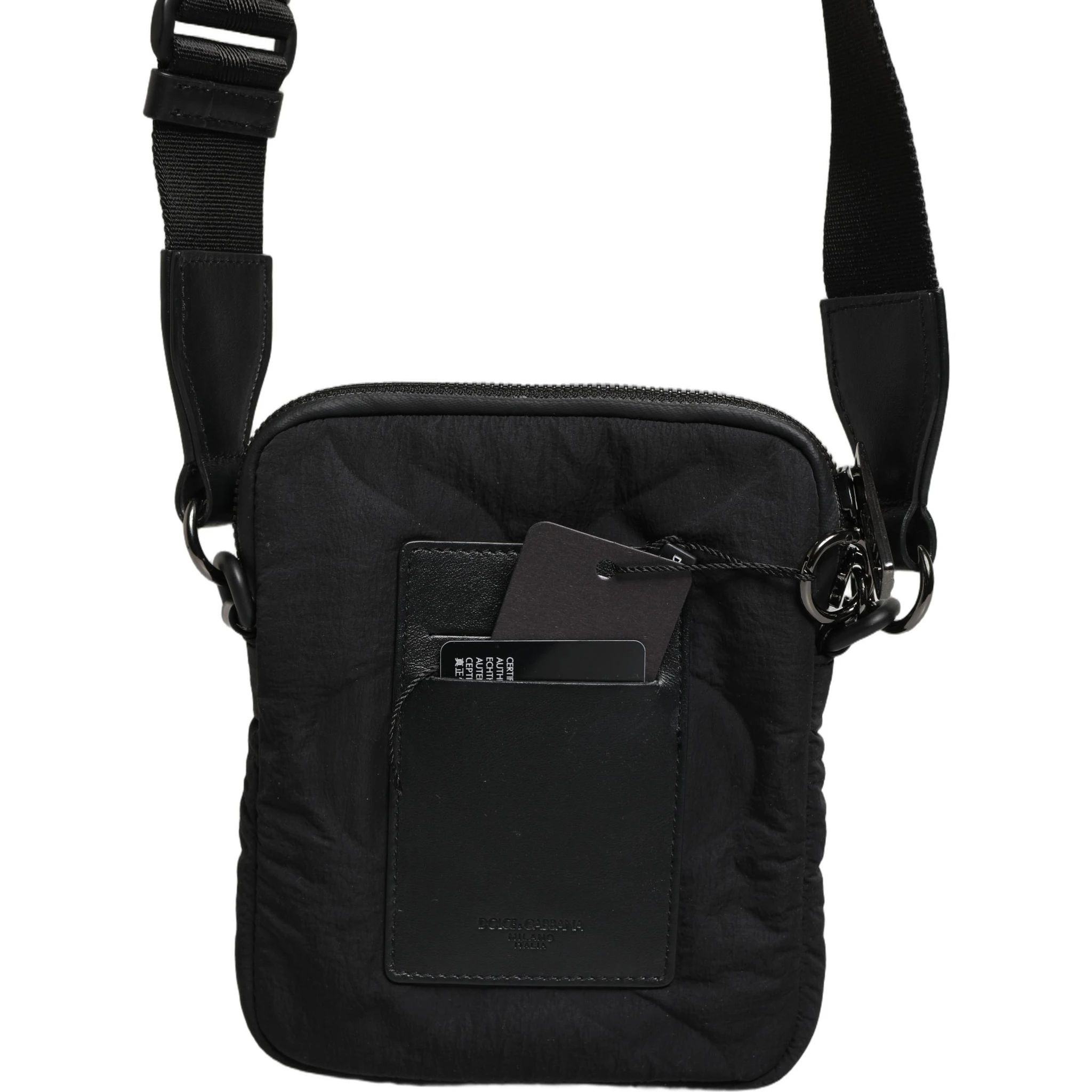 Black Nylon Rubberized Logo Print Crossbody Borse Bag