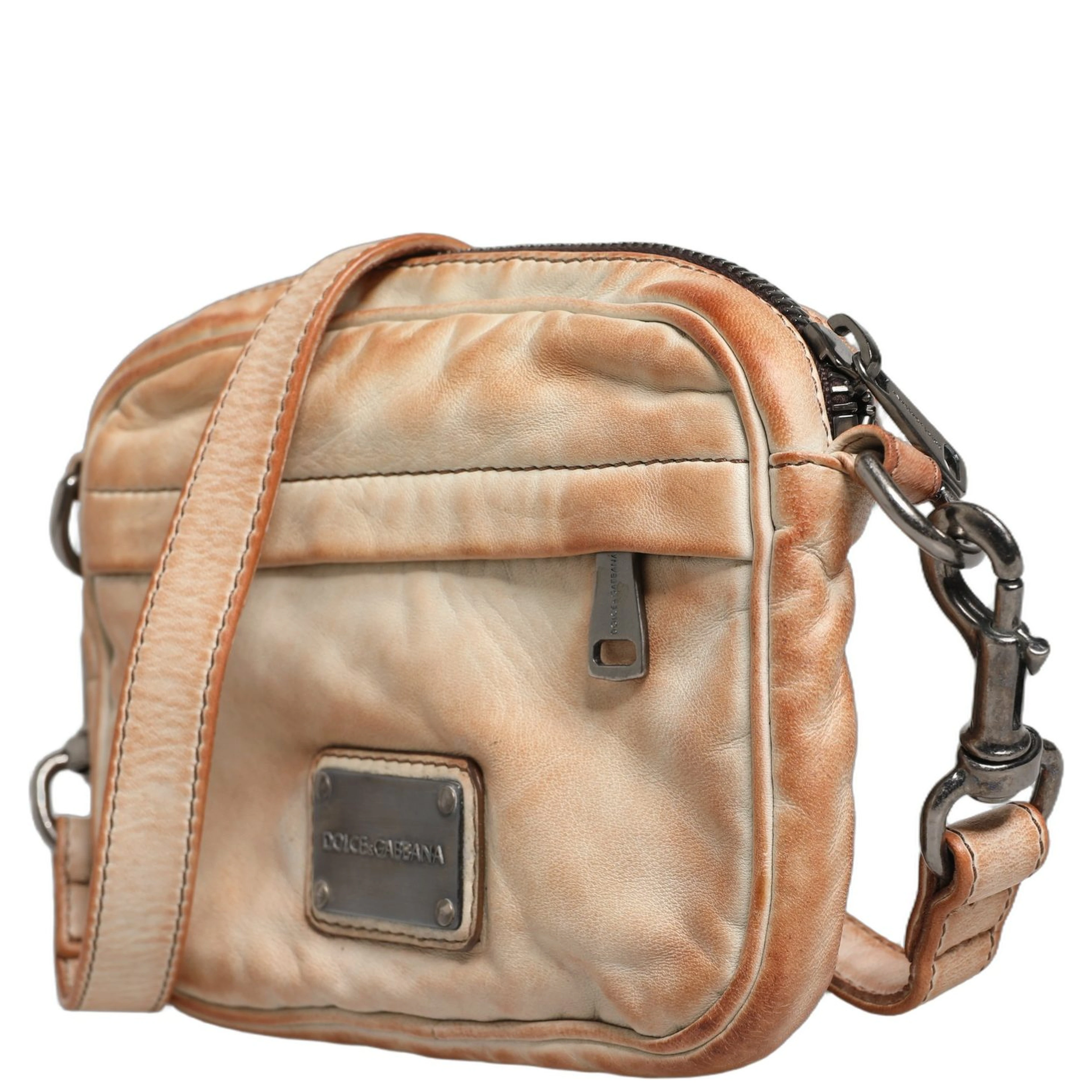 Beige Vintage Leather Logo Plaque Shoulder Borse Men Bag
