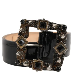 Black Leather Crystal Metal Buckle Belt