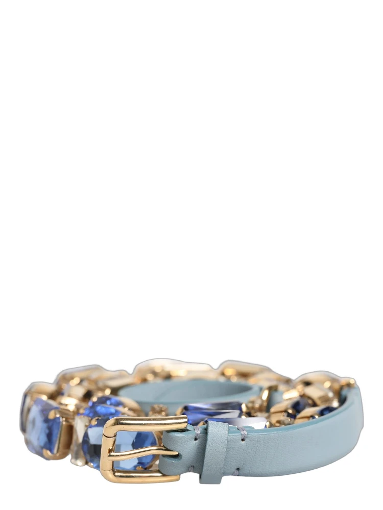 Blue Leather Crystal Chain Embellished Belt