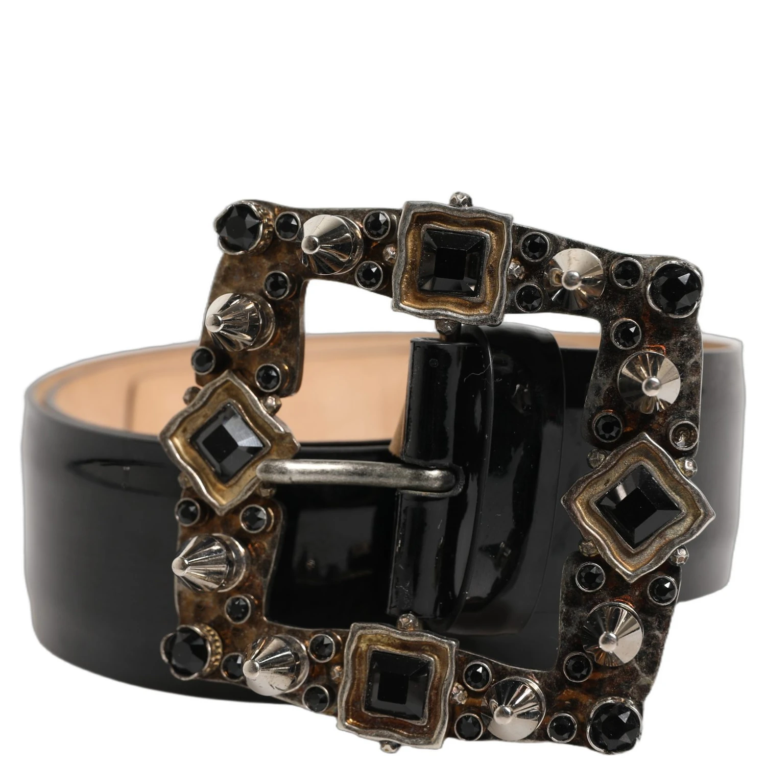 Black Leather Crystal Metal Buckle Belt