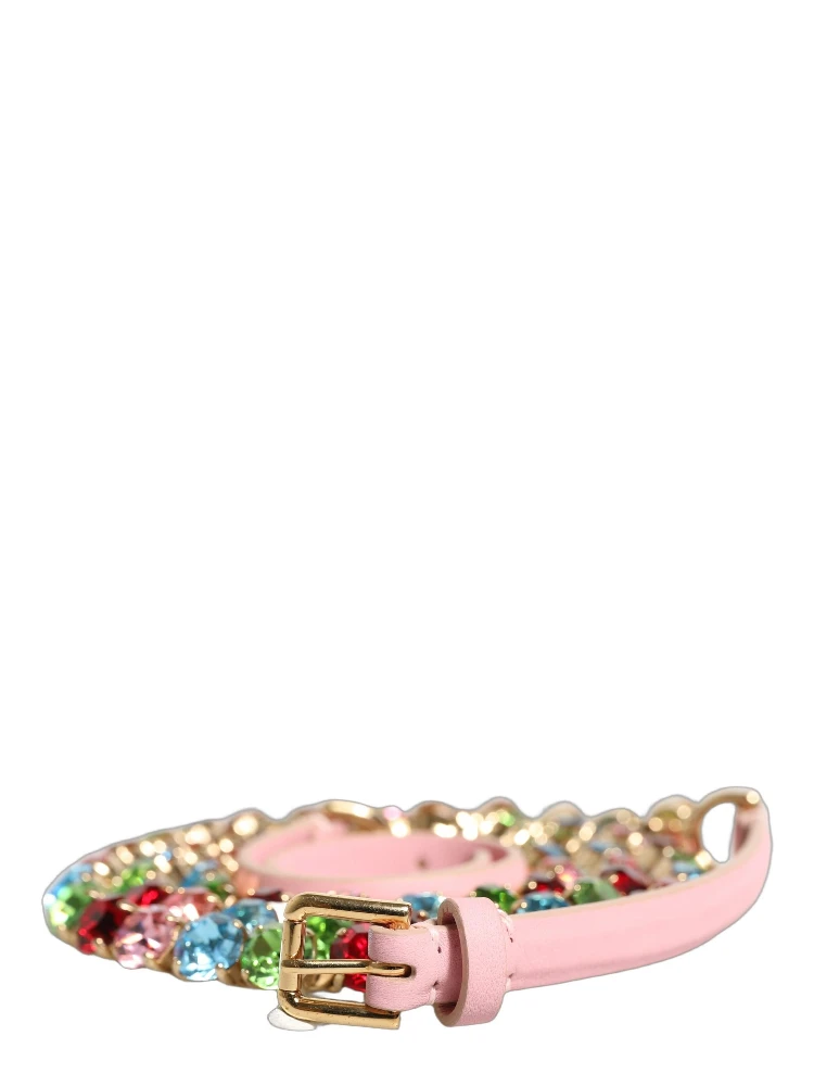 Pink Leather Crystal Chain Embellished Belt