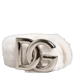 White Fleece Silver DG Logo Metal Buckle Belt