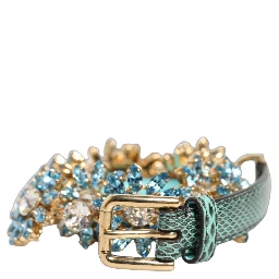 Green Leather Daisy Crystal Embellished Waist Belt