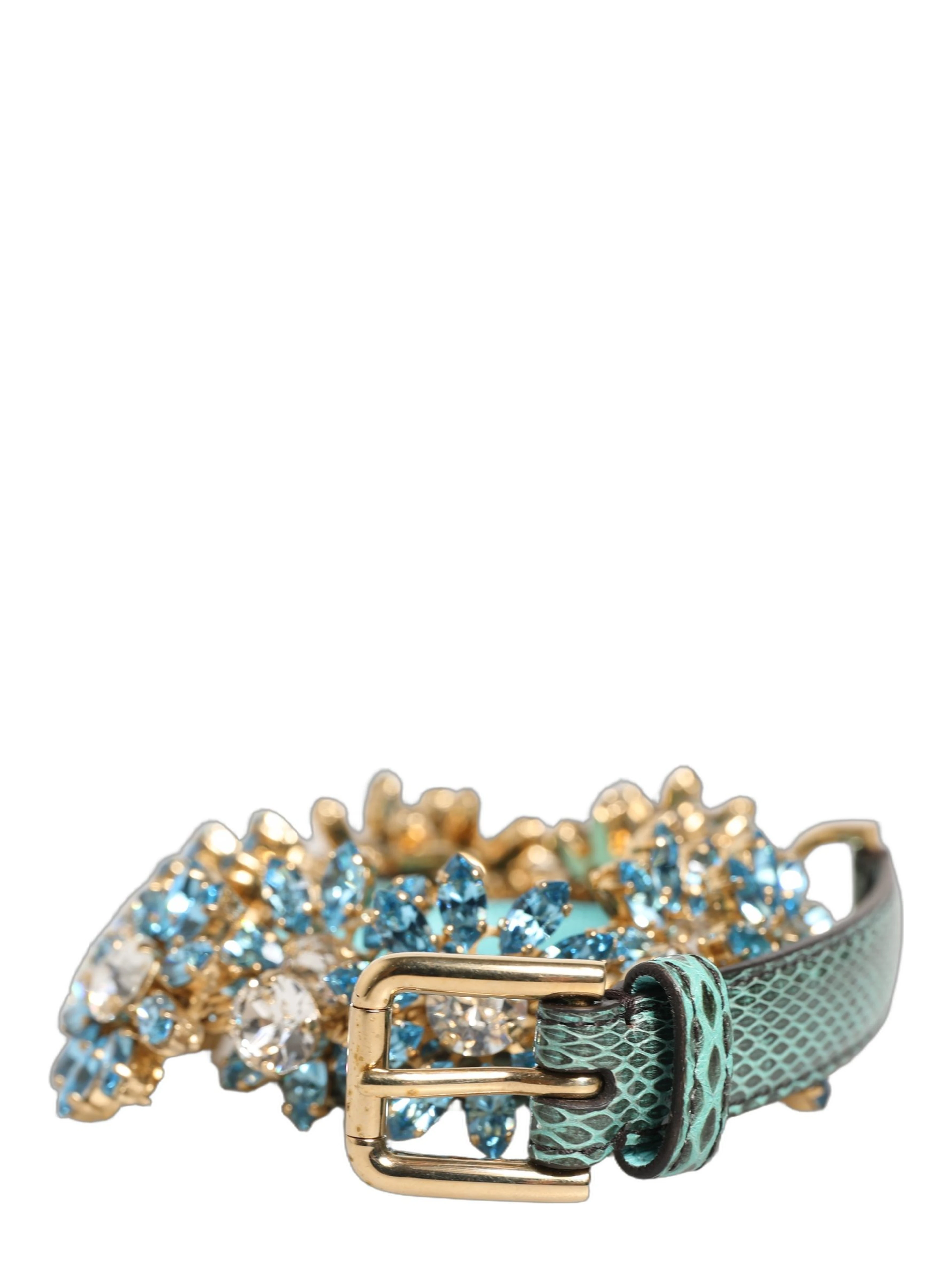 Green Leather Daisy Crystal Embellished Waist Belt