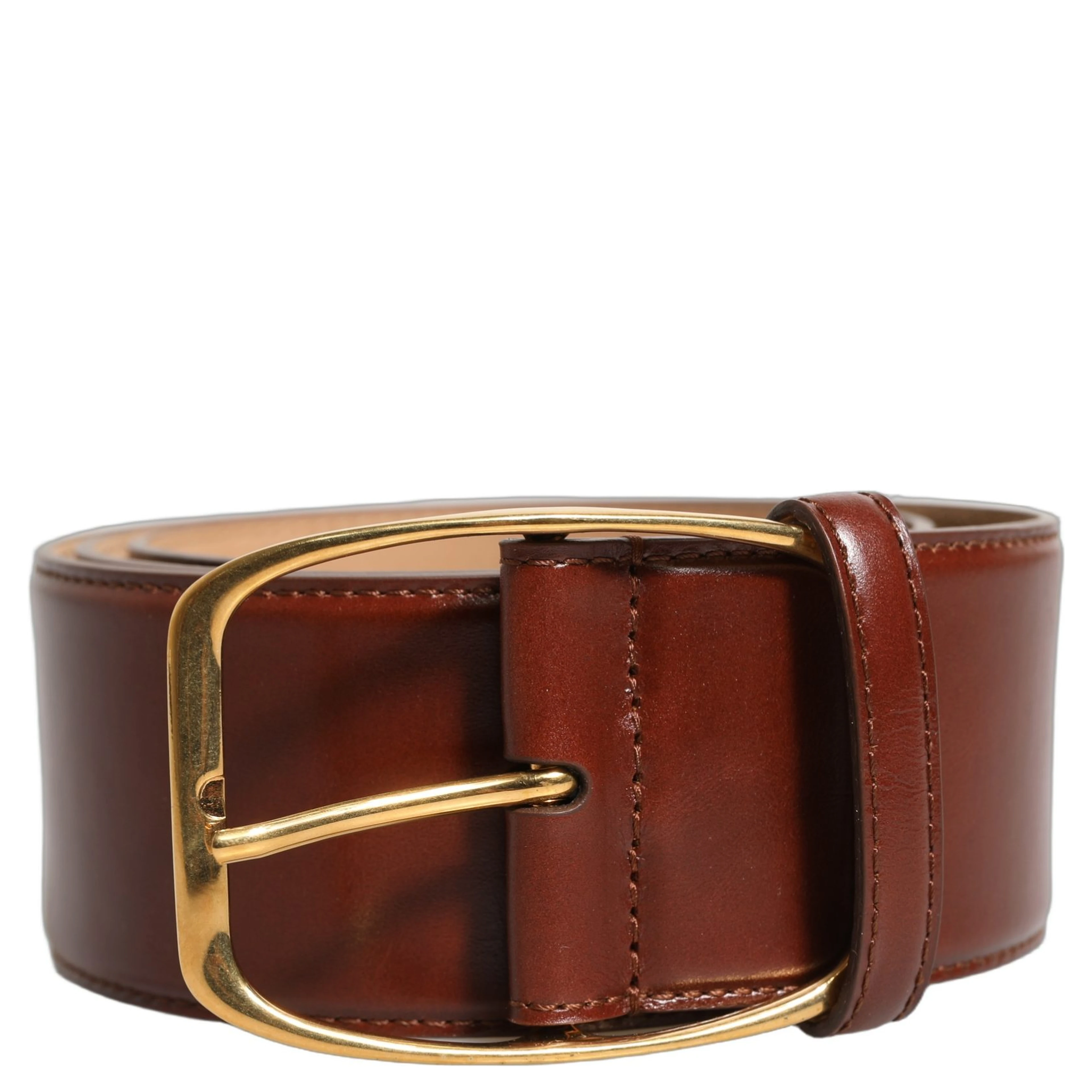 Brown Calfskin Leather Gold Metal Buckle Belt