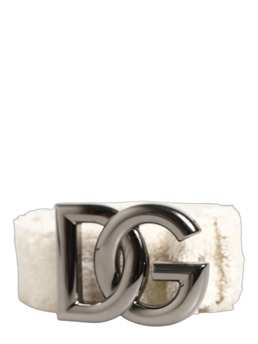 White Cotton Fleece DG Logo Metal Buckle Belt