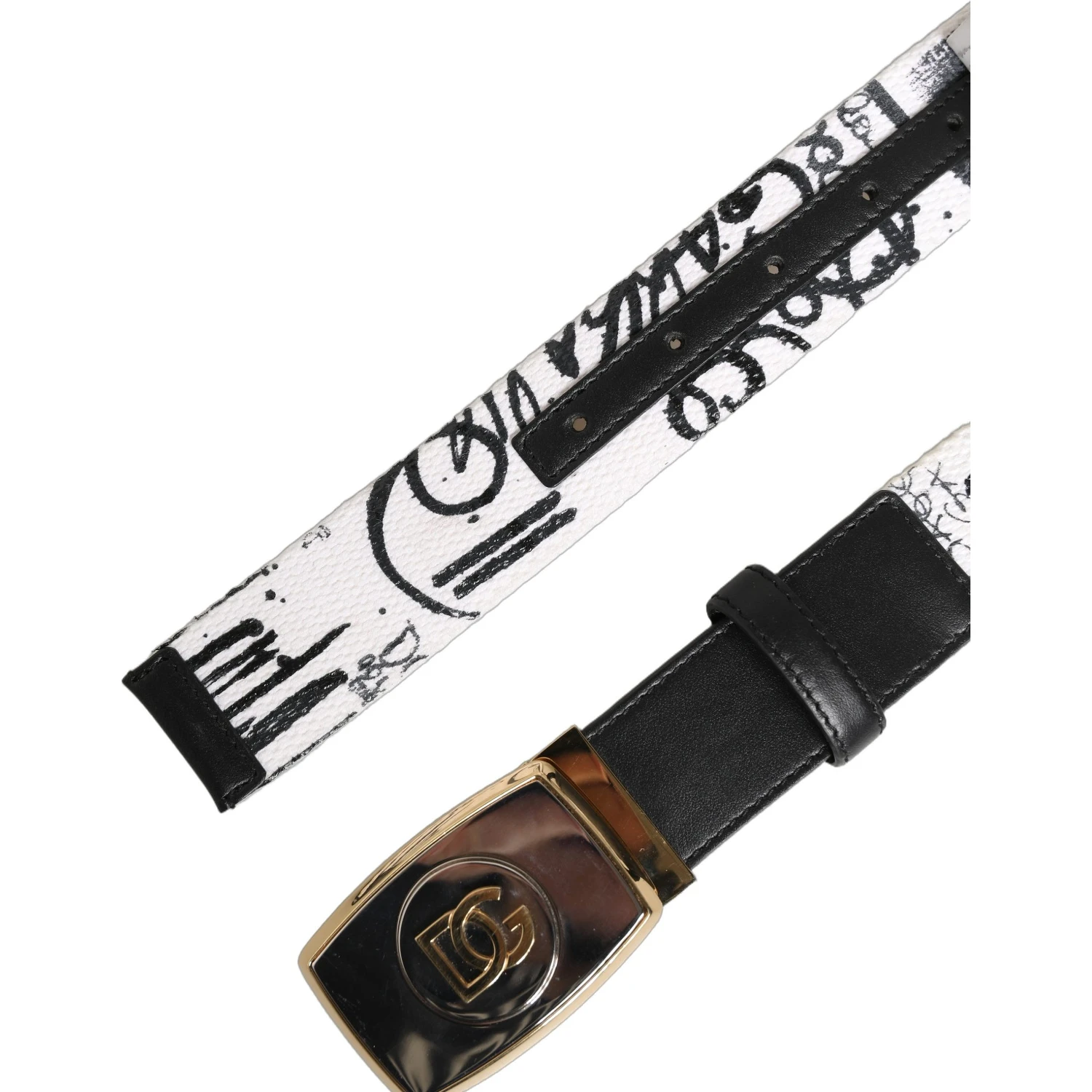 White Graffiti Print Gold Metal Buckle Belt