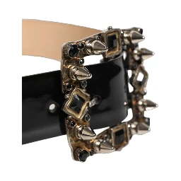 Black Leather Crystal Metal Buckle Belt