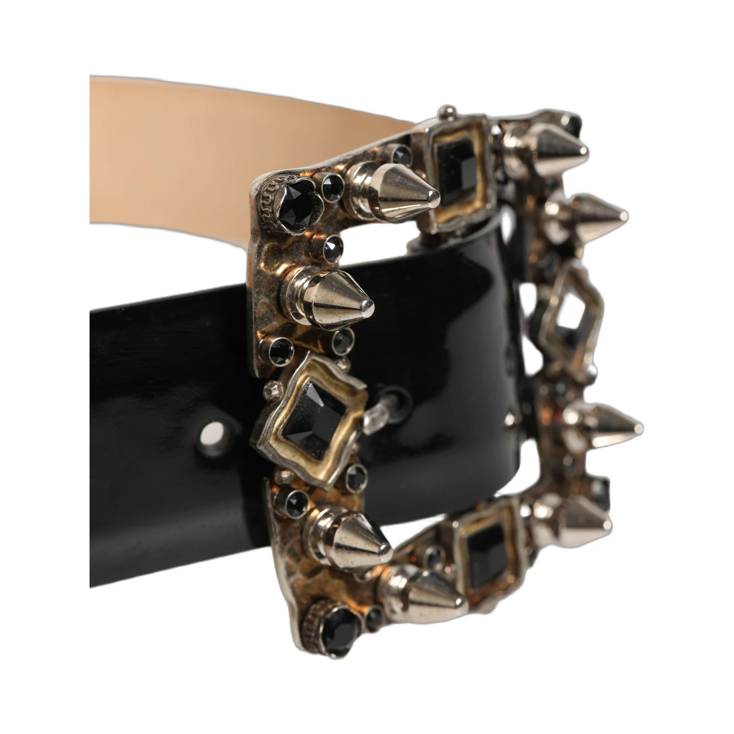 Black Leather Crystal Metal Buckle Belt