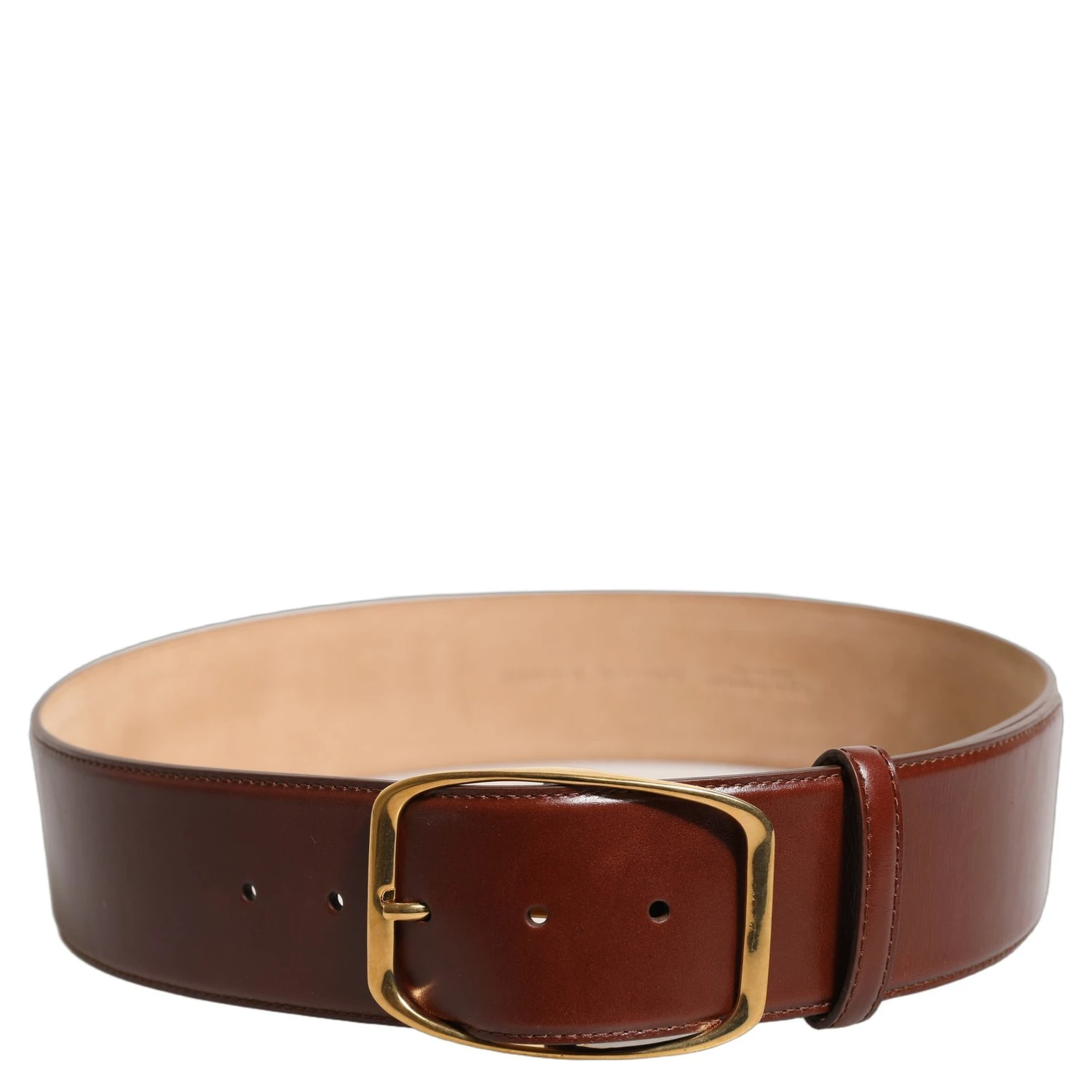 Brown Calfskin Leather Gold Metal Buckle Belt