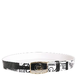 White Graffiti Print Gold Metal Buckle Belt