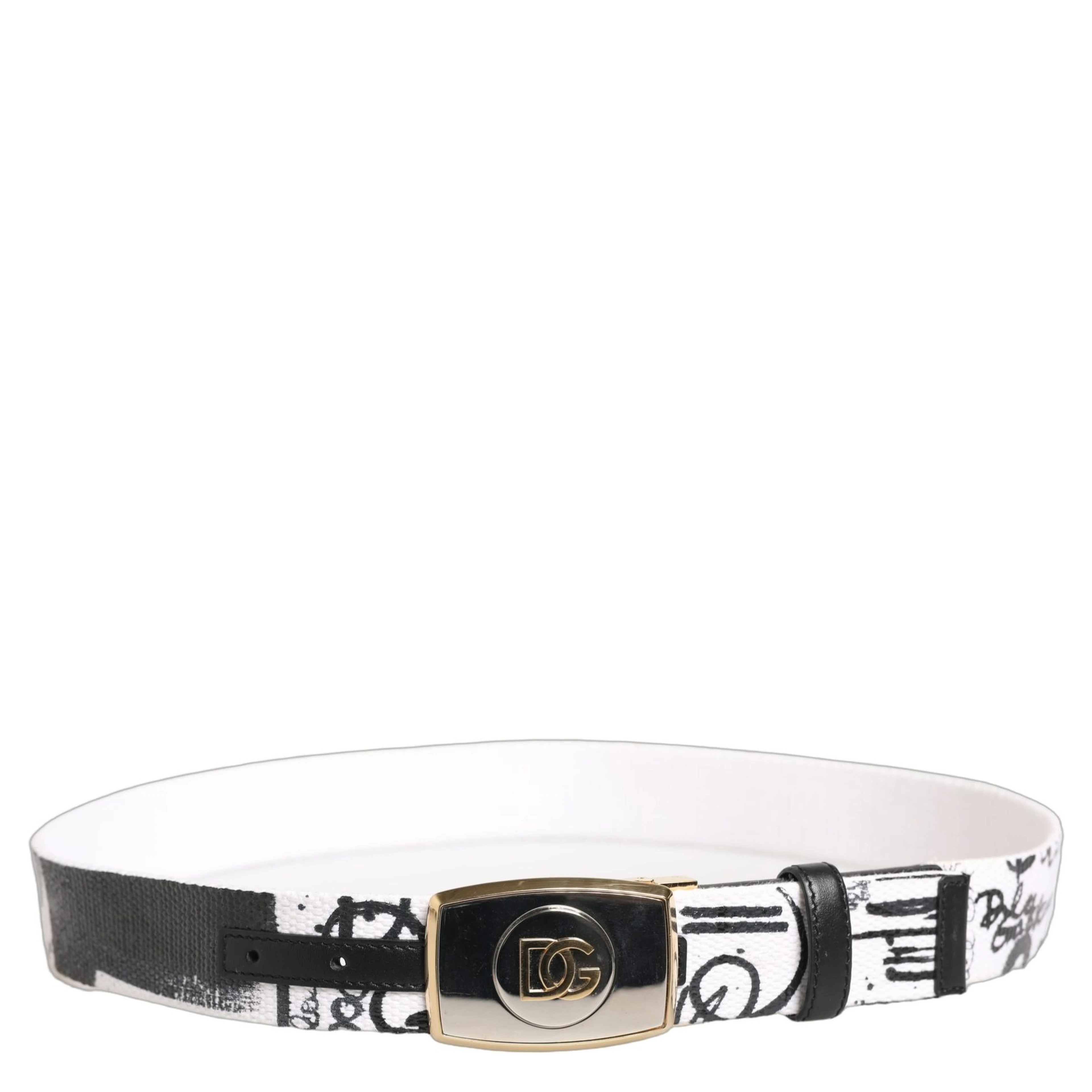 White Graffiti Print Gold Metal Buckle Belt