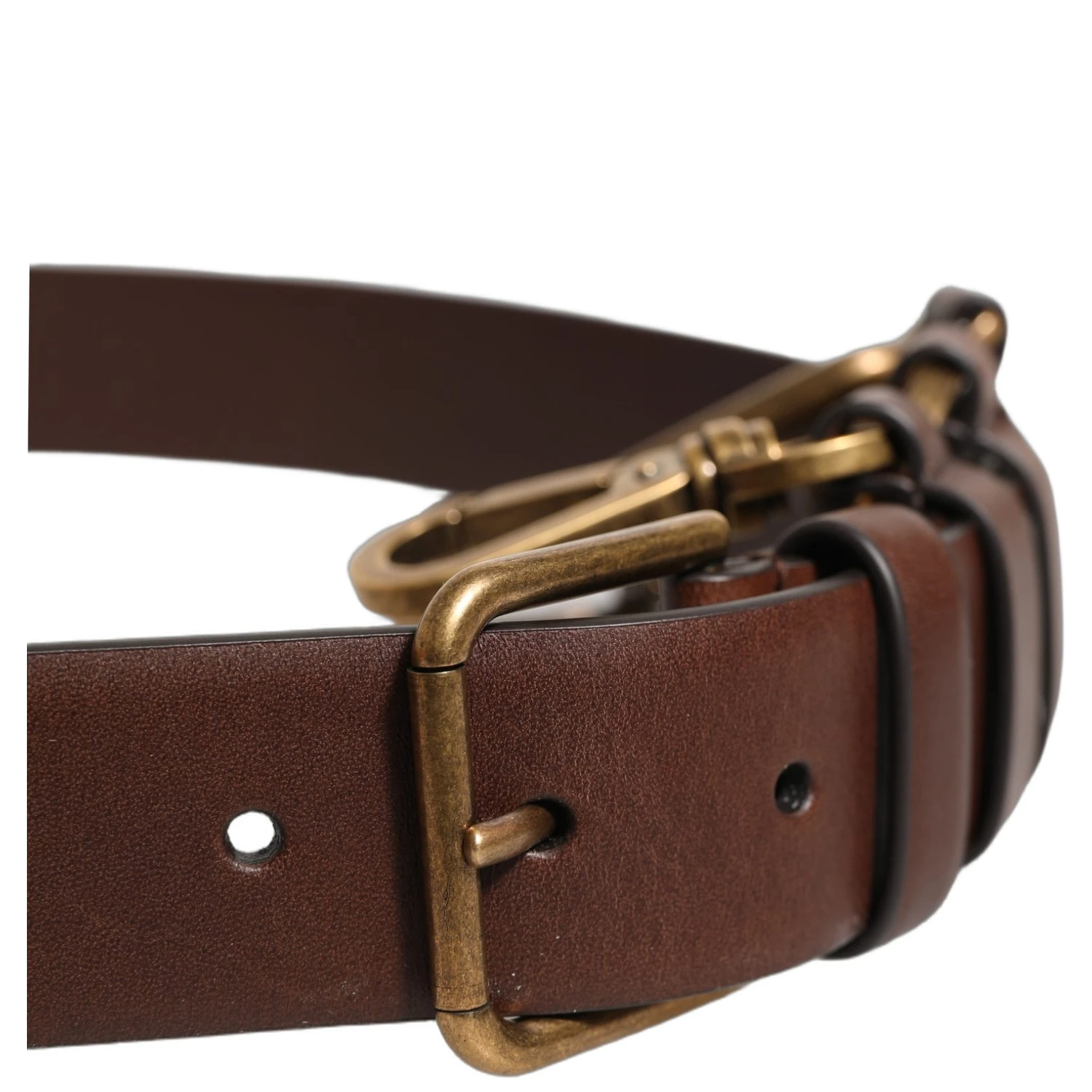 Brown Calfskin Leather Gold Metal Buckle Belt