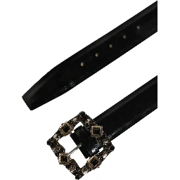 Black Leather Crystal Metal Buckle Belt