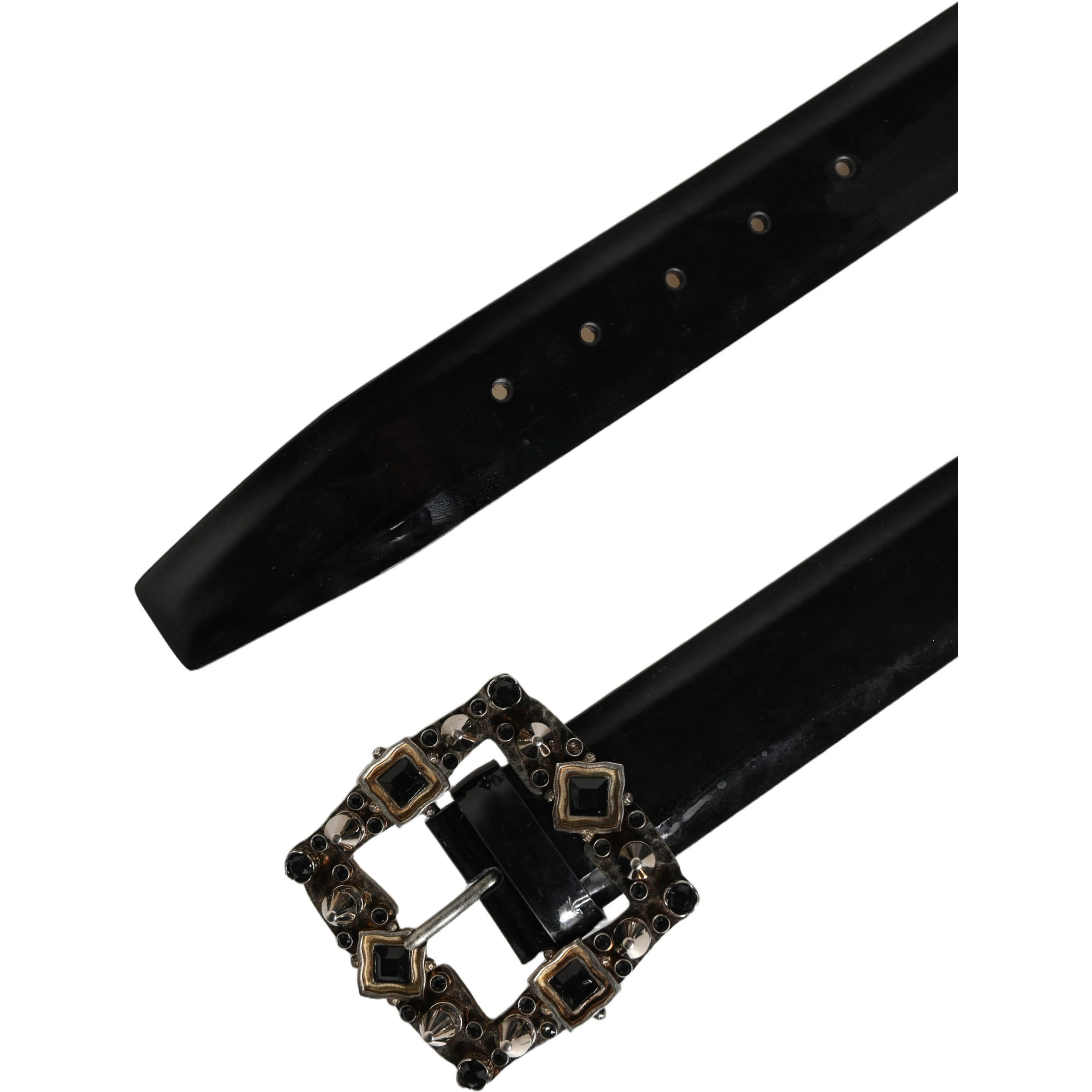 Black Leather Crystal Metal Buckle Belt
