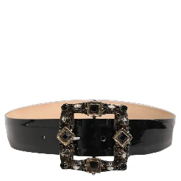 Black Leather Crystal Metal Buckle Belt
