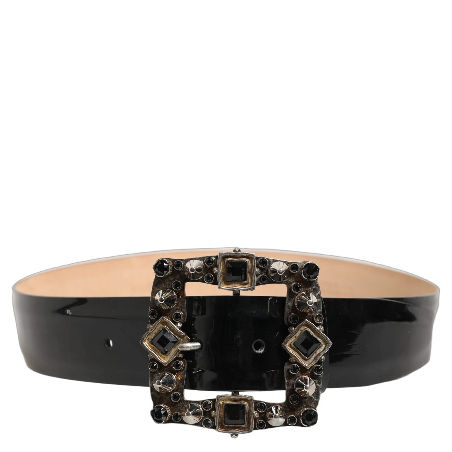 Black Leather Crystal Metal Buckle Belt