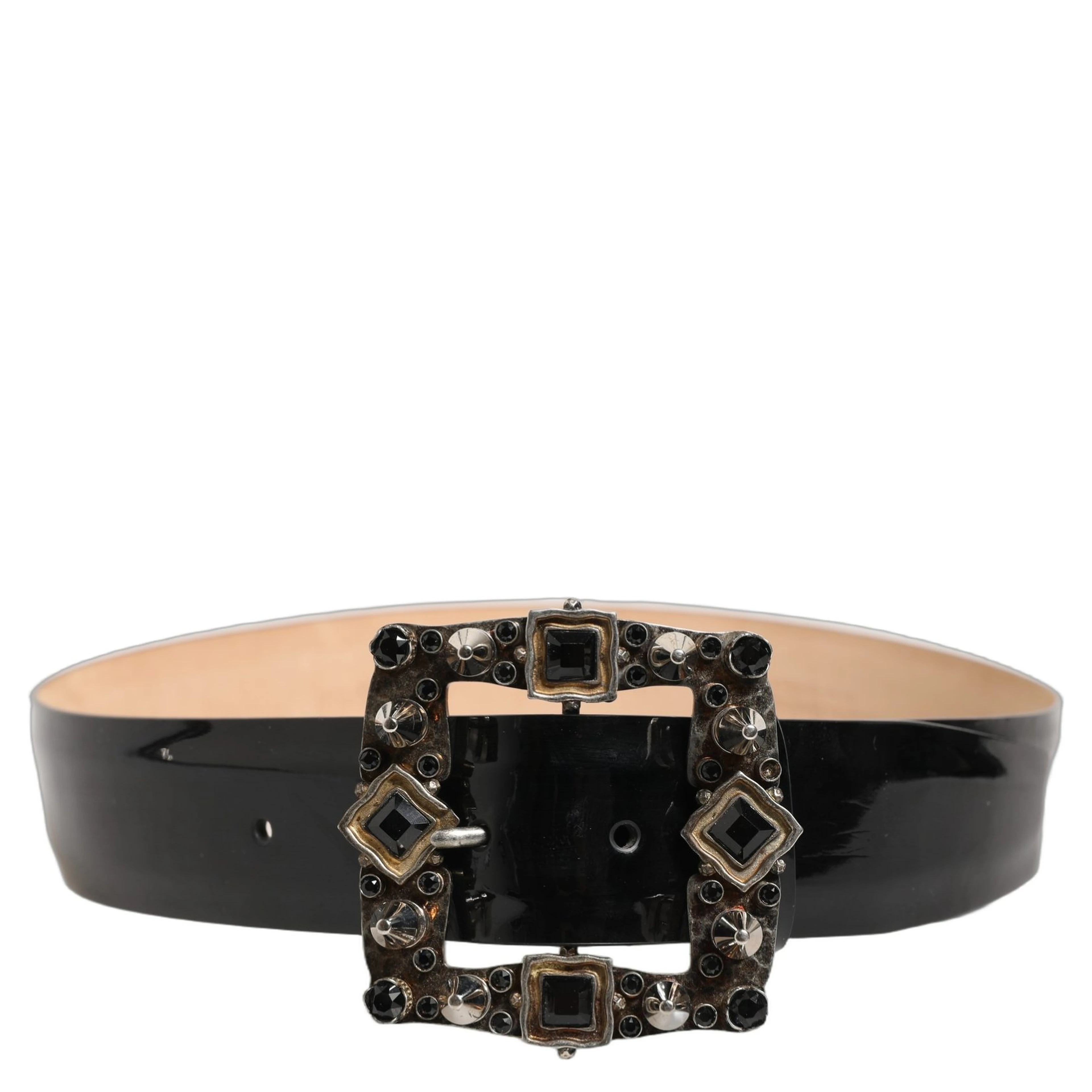 Black Leather Crystal Metal Buckle Belt