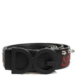 Black Leather Prince Crown Logo Buckle Belt