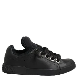 Black Leather Low Top Portofino Sneakers Shoes