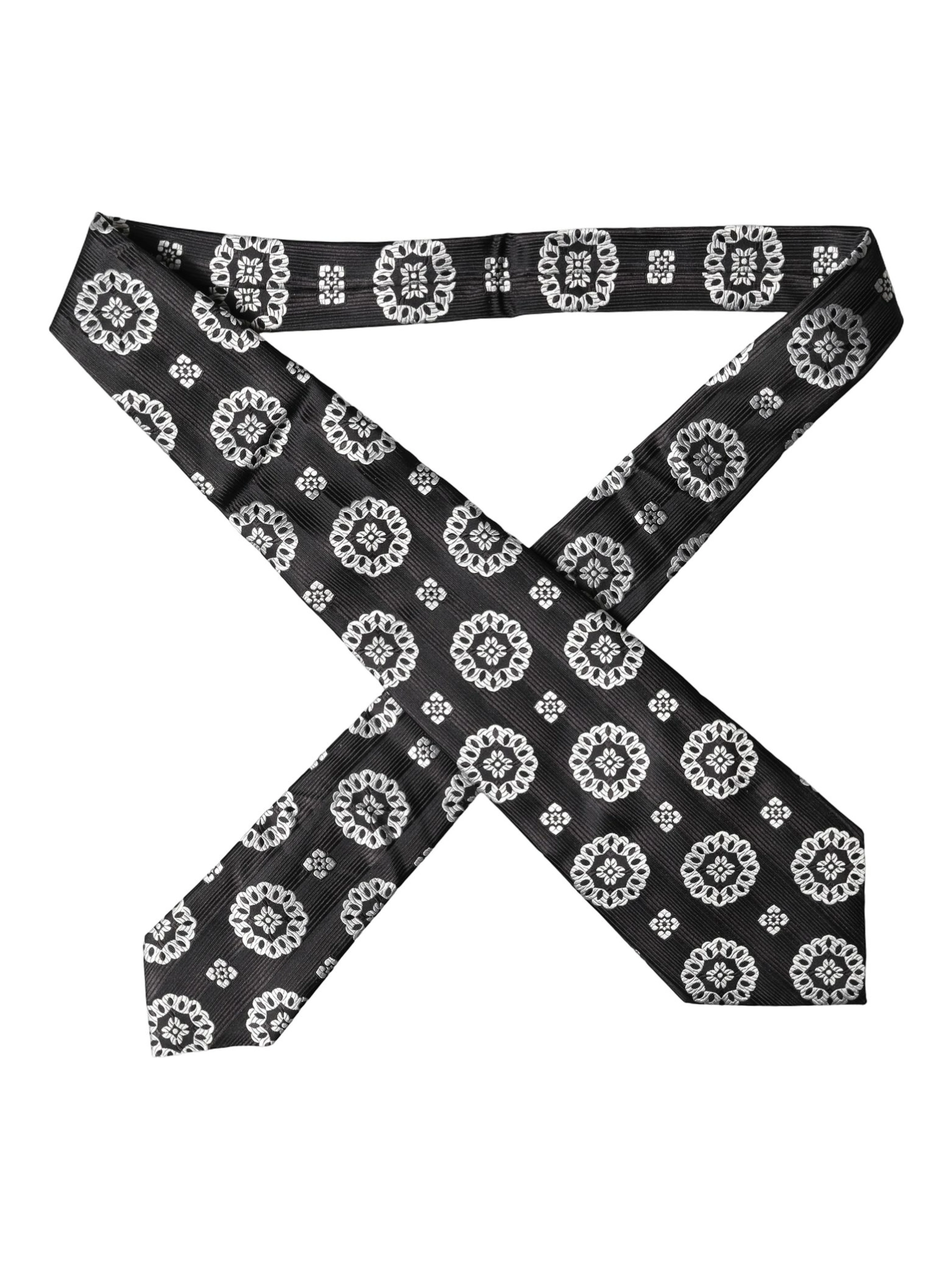 Black White Floral Silk Adjustable Women Necktie Tie