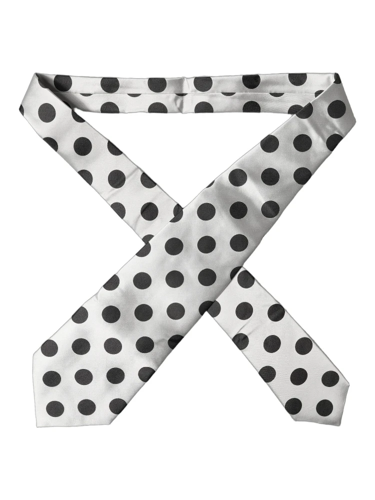 White Black Polka Dot Silk Adjustable Women Necktie Tie