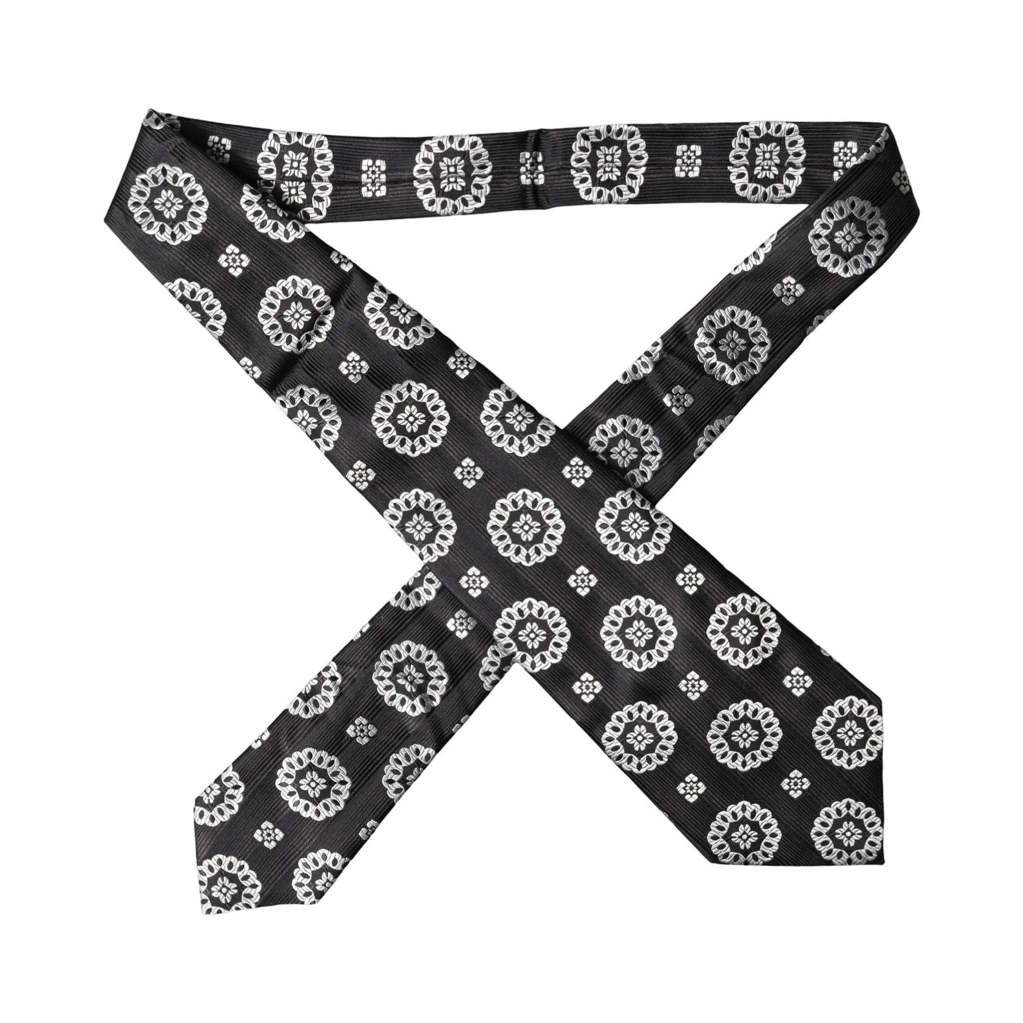 Black White Floral Silk Adjustable Women Necktie Tie
