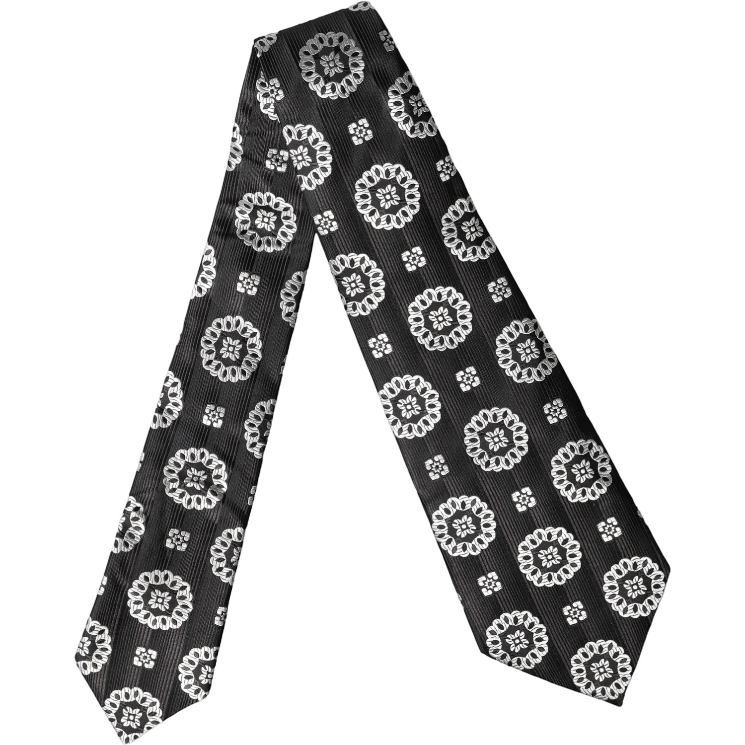 Black White Floral Silk Adjustable Women Necktie Tie