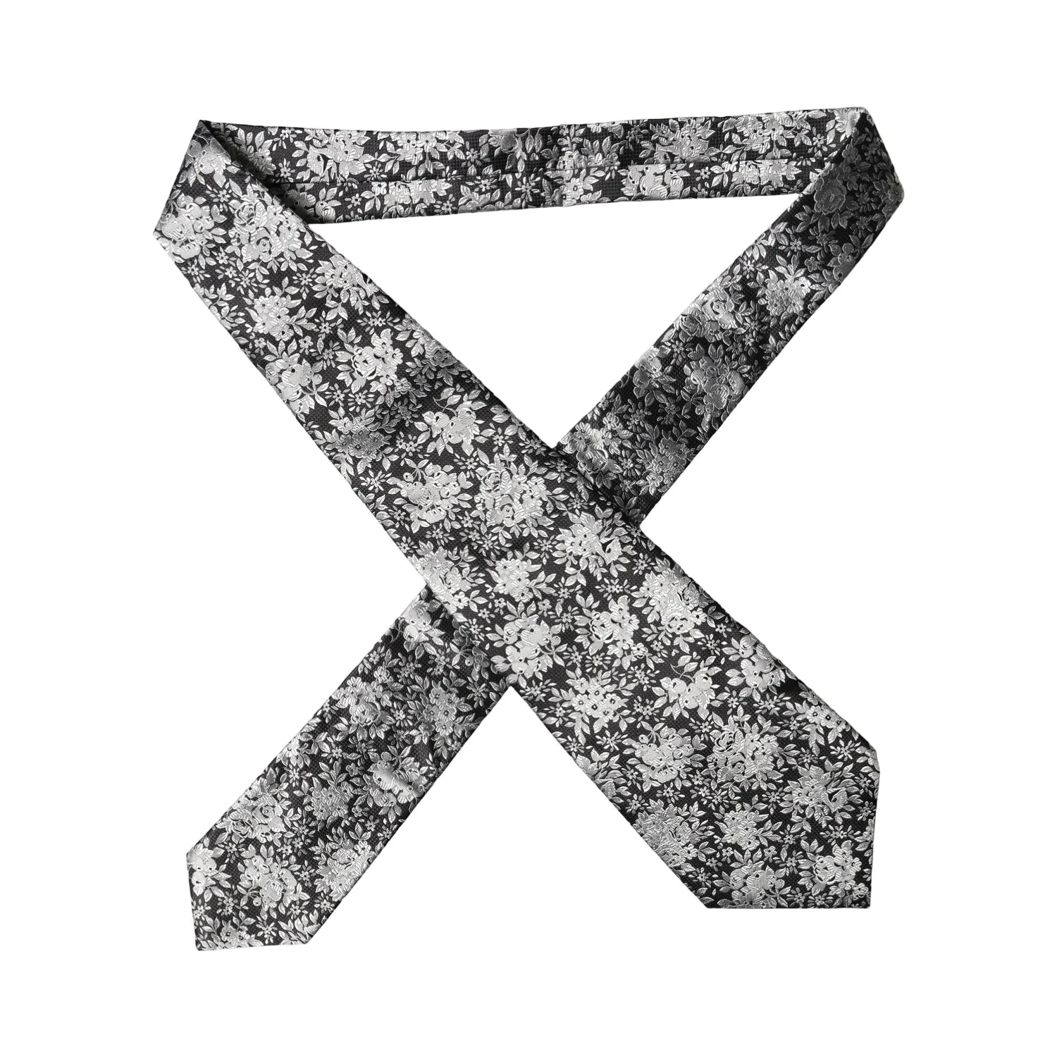 Black Silver Floral Silk Adjustable Women Necktie Tie