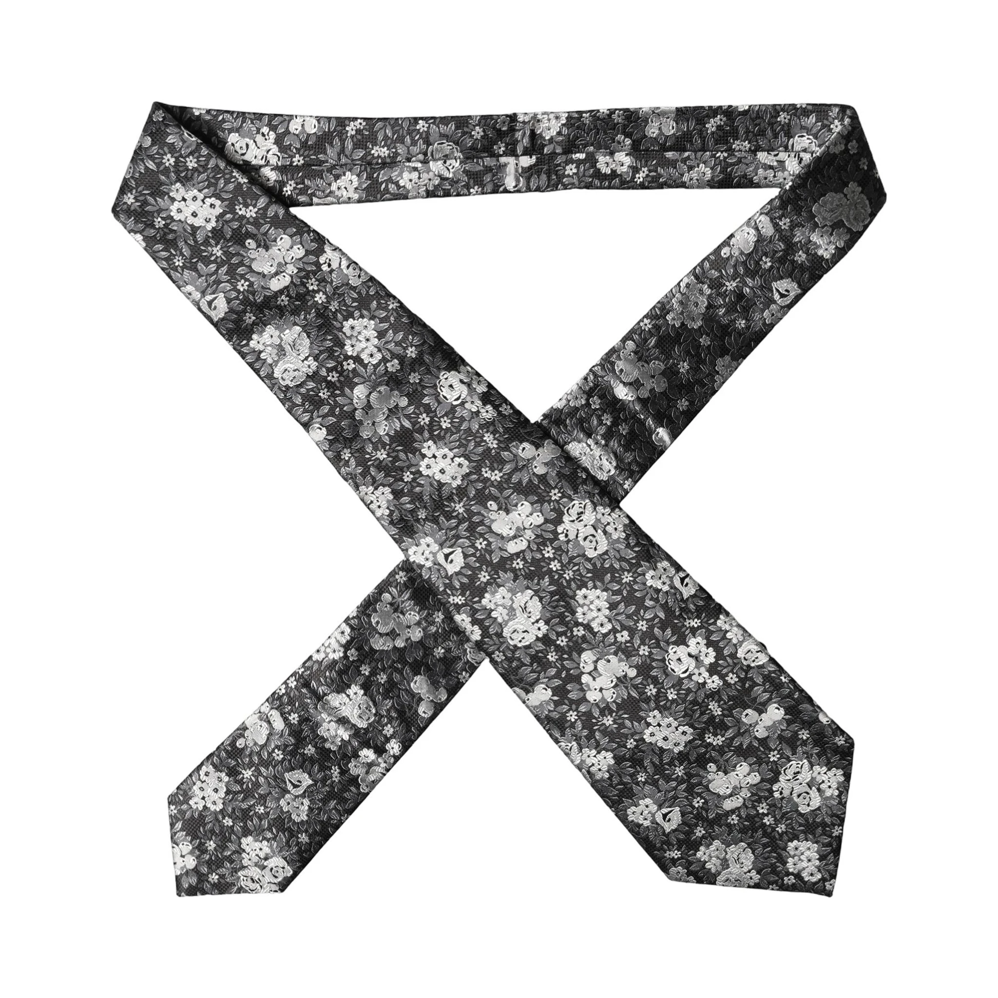 Black White Floral Silk Adjustable Women Necktie Tie