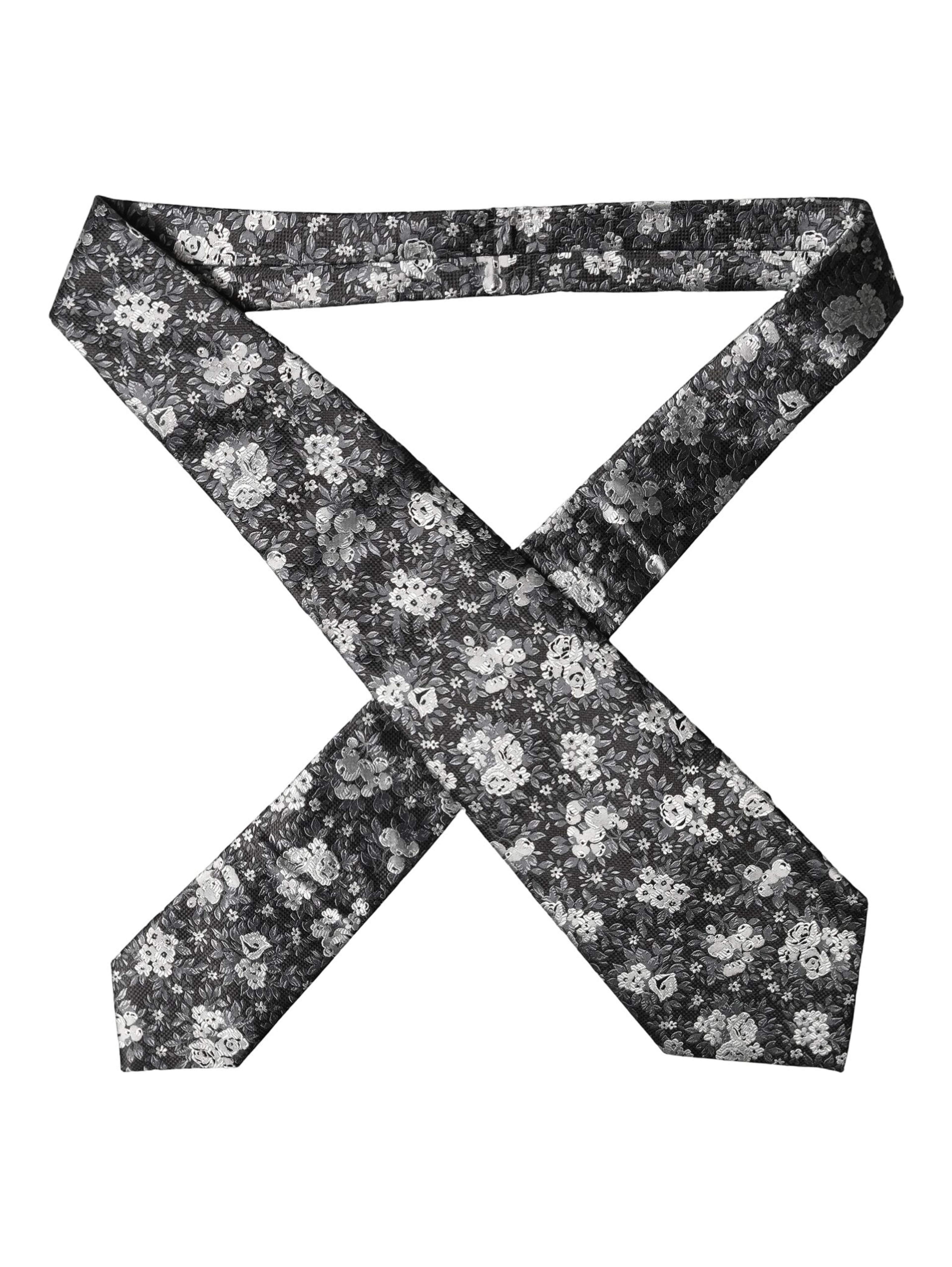 Black White Floral Silk Adjustable Women Necktie Tie