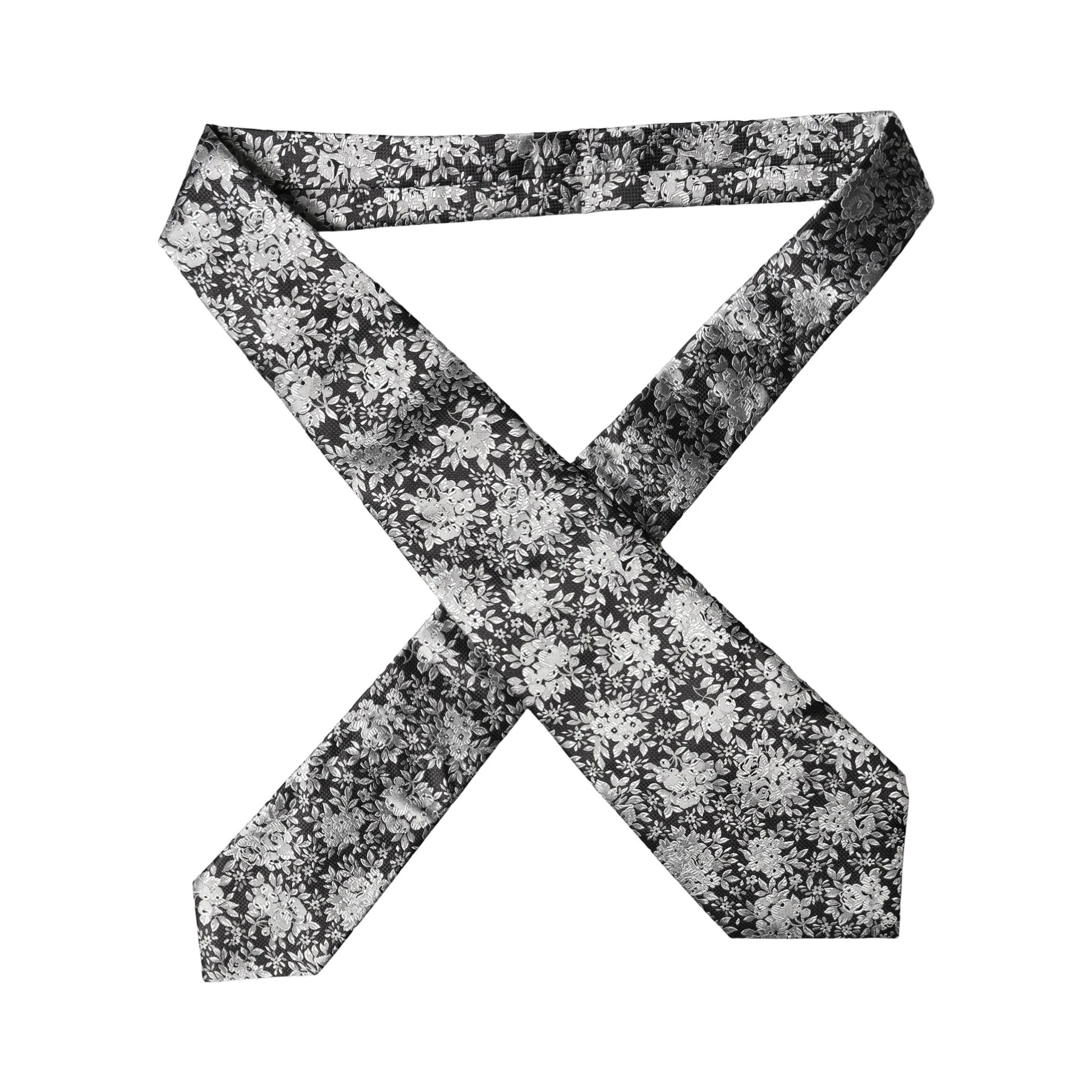 Black Silver Floral Silk Adjustable Women Necktie Tie