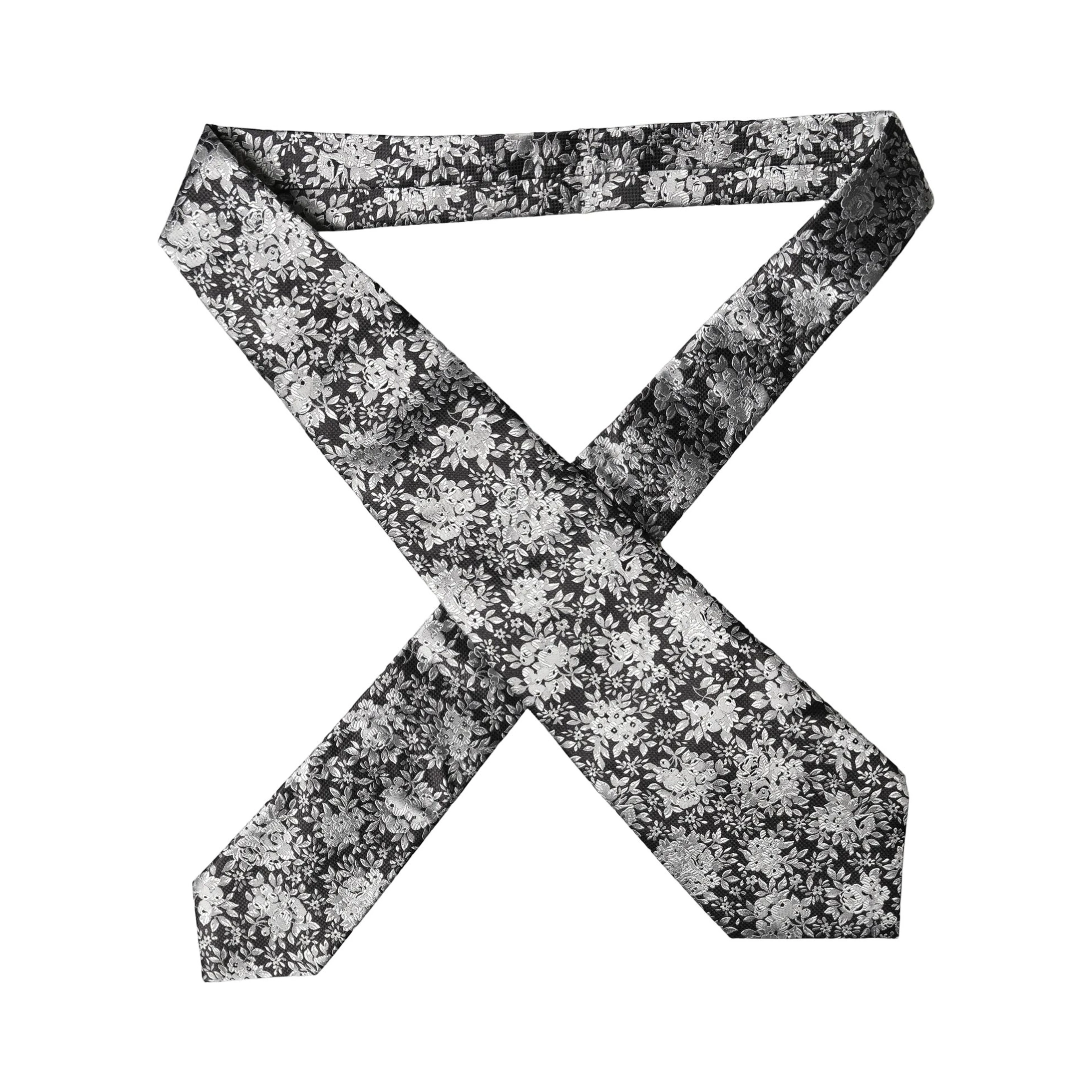Black Silver Floral Silk Adjustable Women Necktie Tie