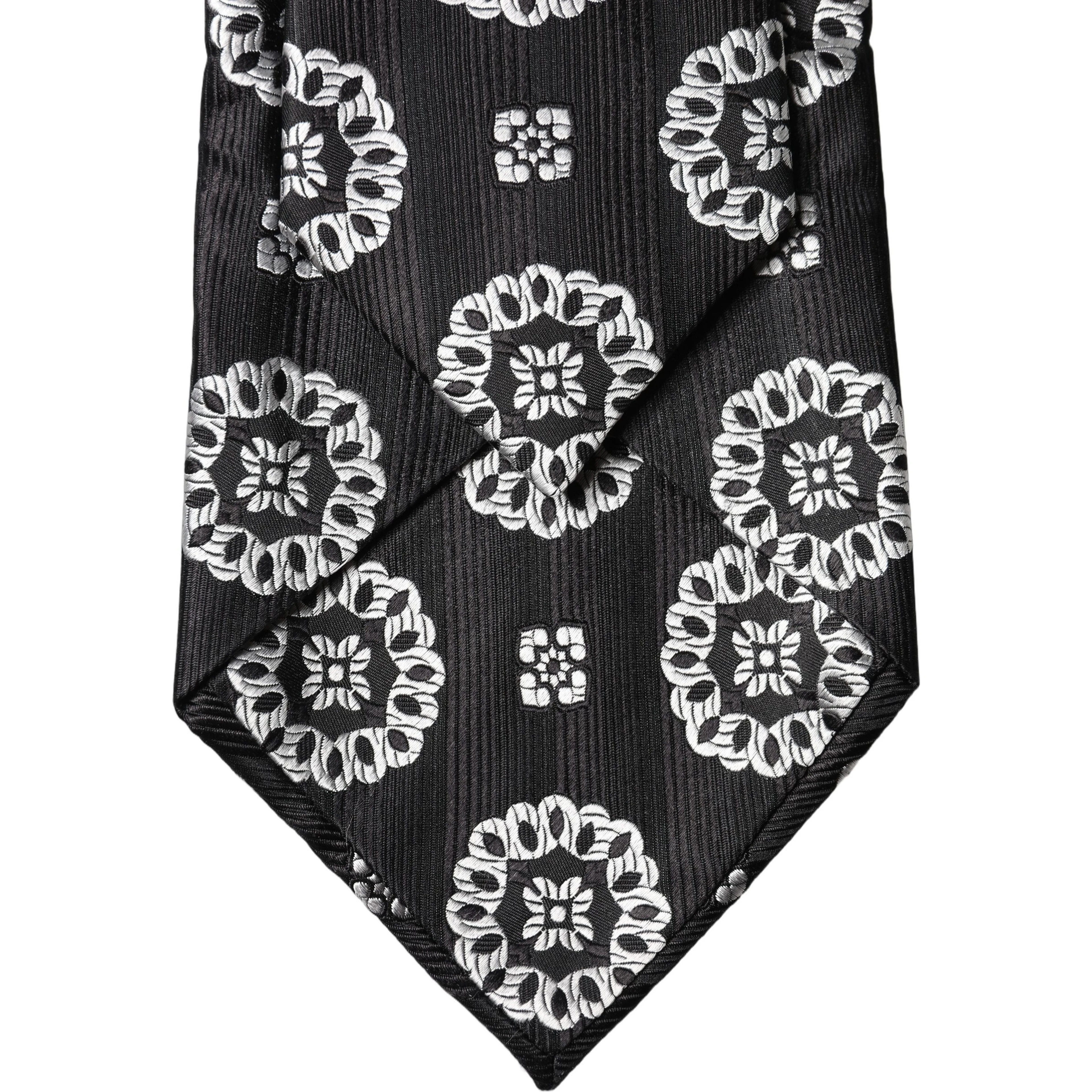 Black White Floral Silk Adjustable Women Necktie Tie