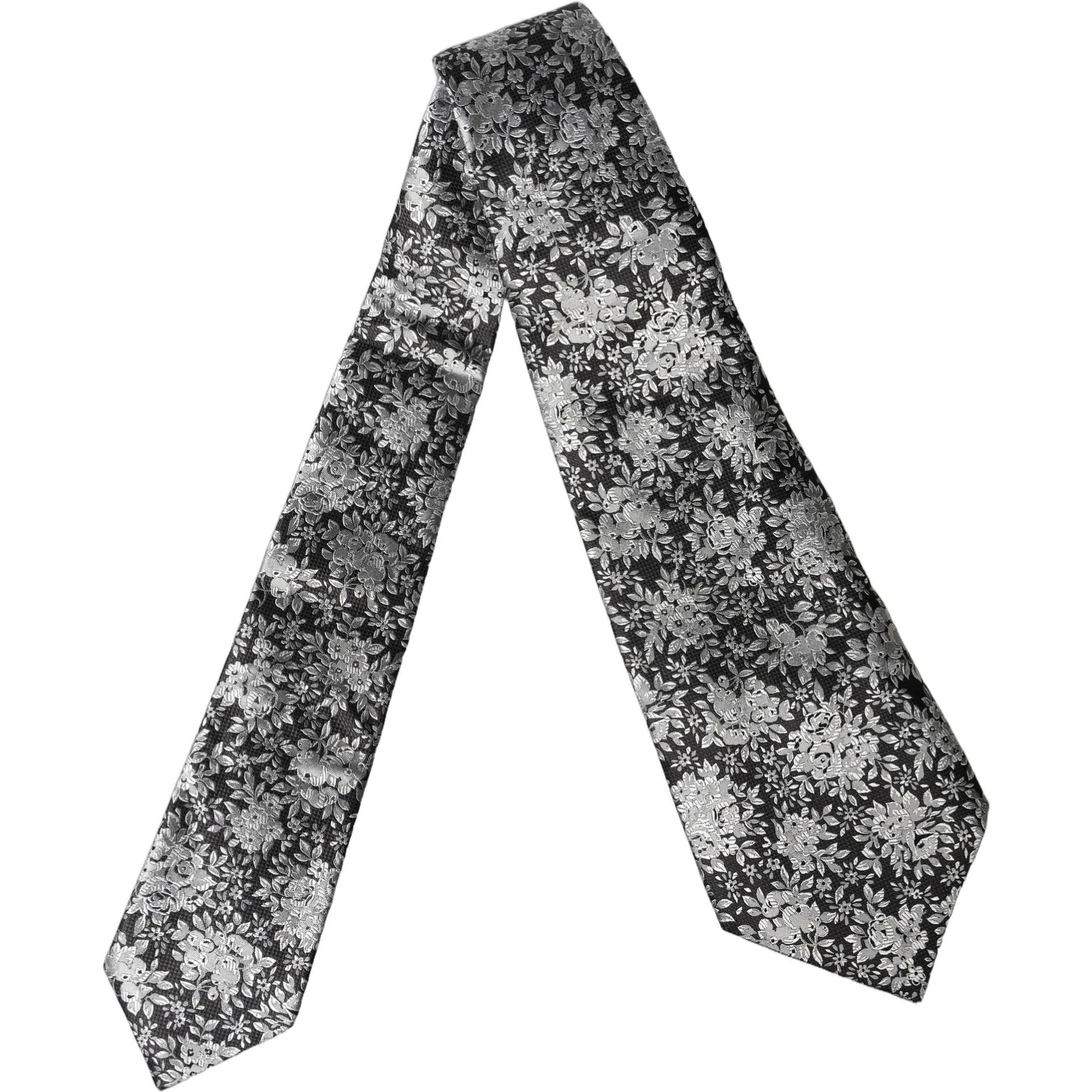 Black Silver Floral Silk Adjustable Women Necktie Tie