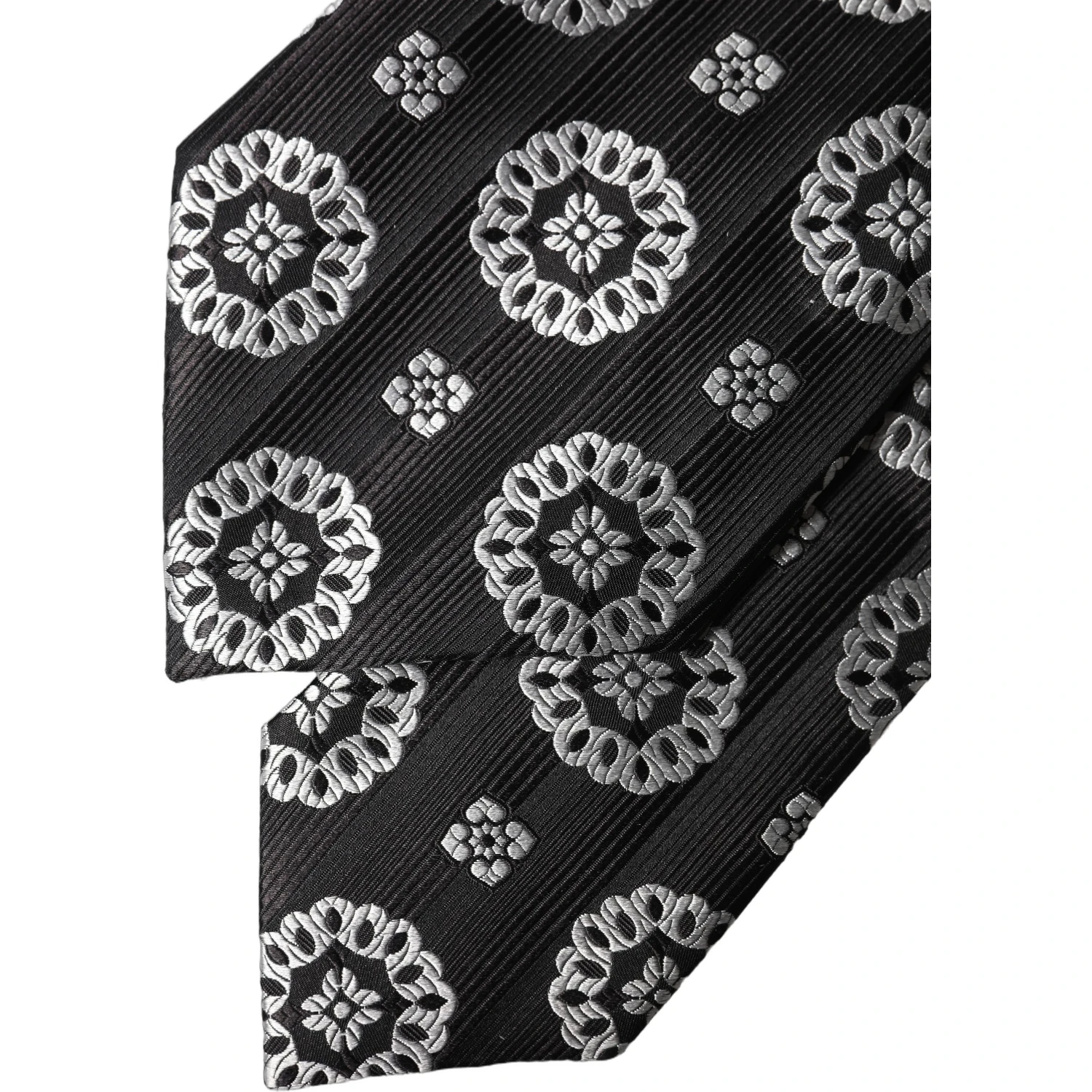Black White Floral Silk Adjustable Women Necktie Tie