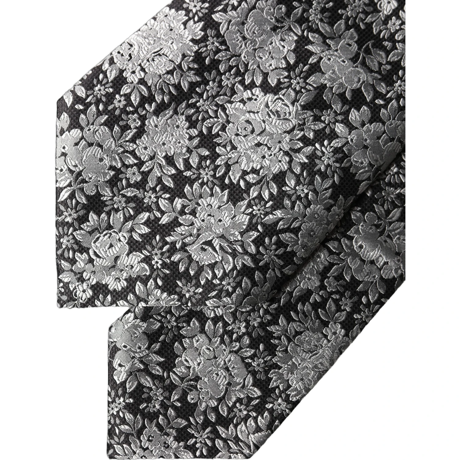 Black Silver Floral Silk Adjustable Women Necktie Tie