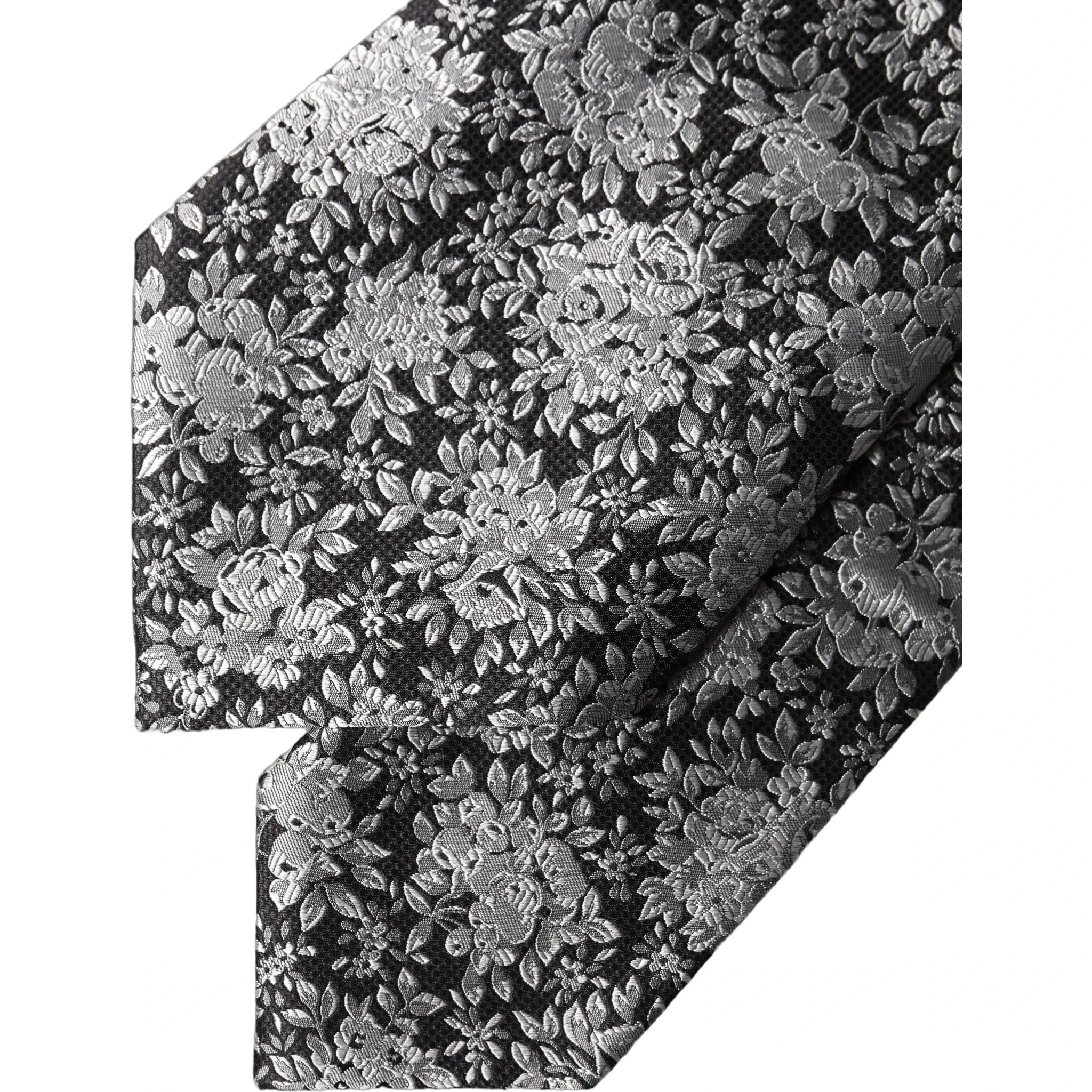 Black Silver Floral Silk Adjustable Women Necktie Tie