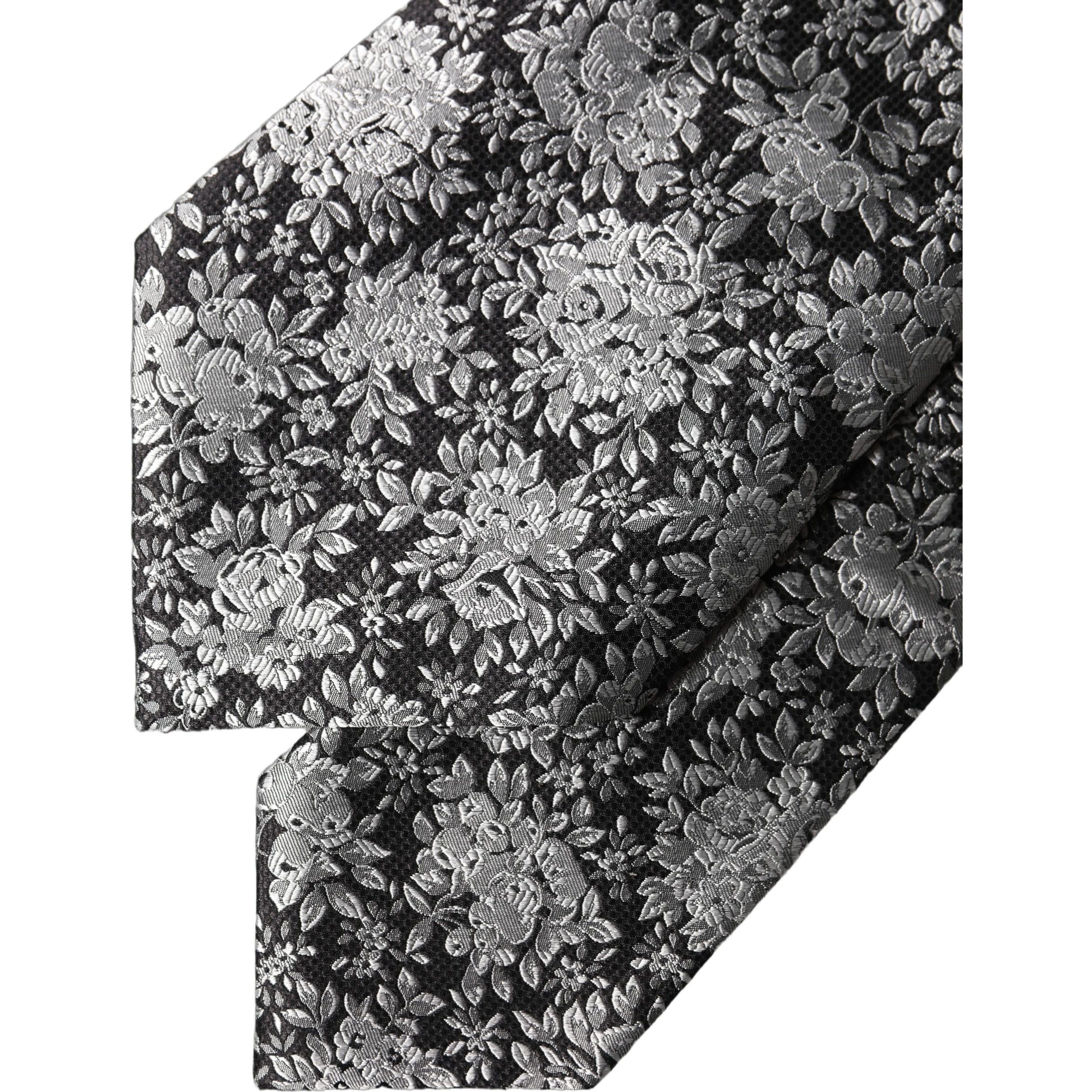 Black Silver Floral Silk Adjustable Women Necktie Tie