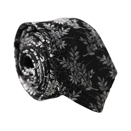 Black White Floral Silk Adjustable Men Tied Necktie Tie