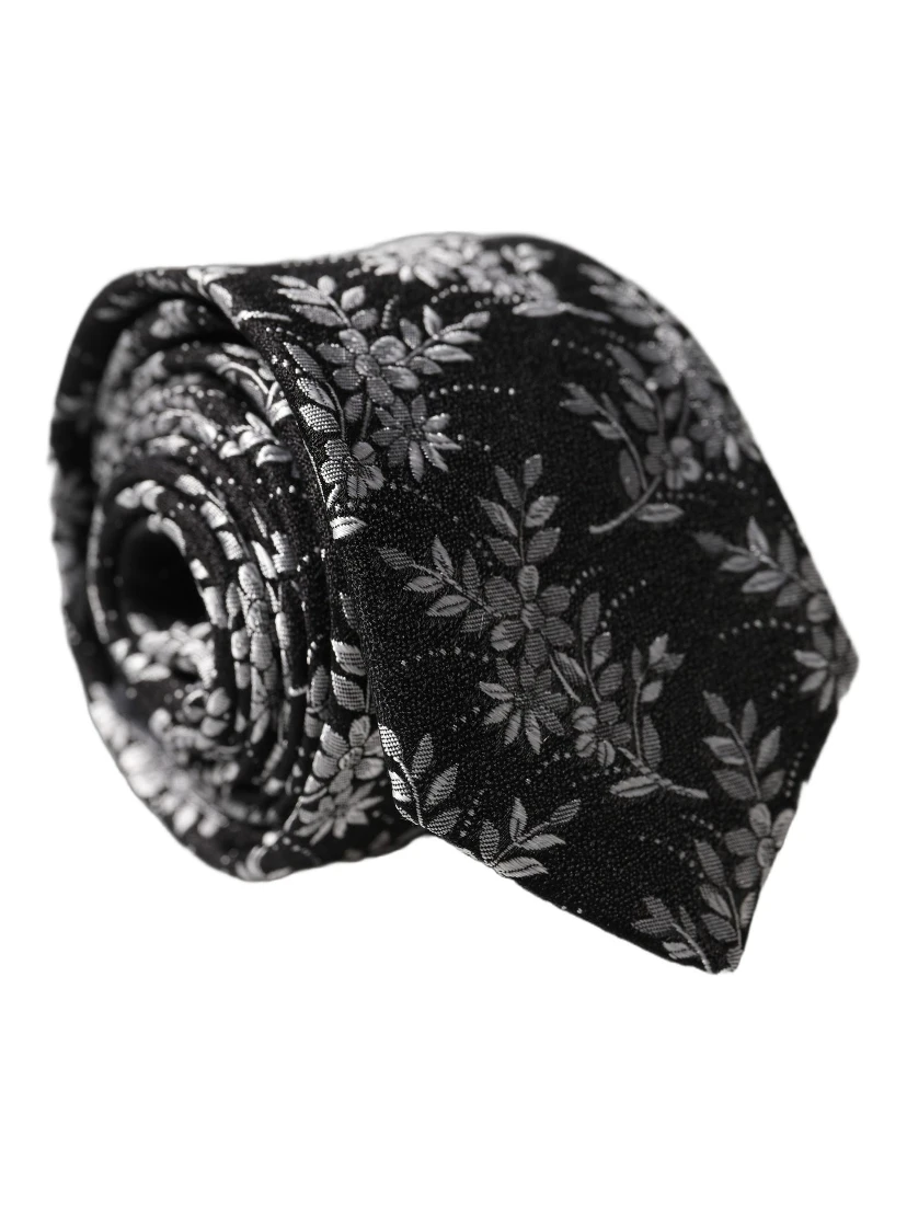 Black White Floral Silk Adjustable Men Tied Necktie Tie