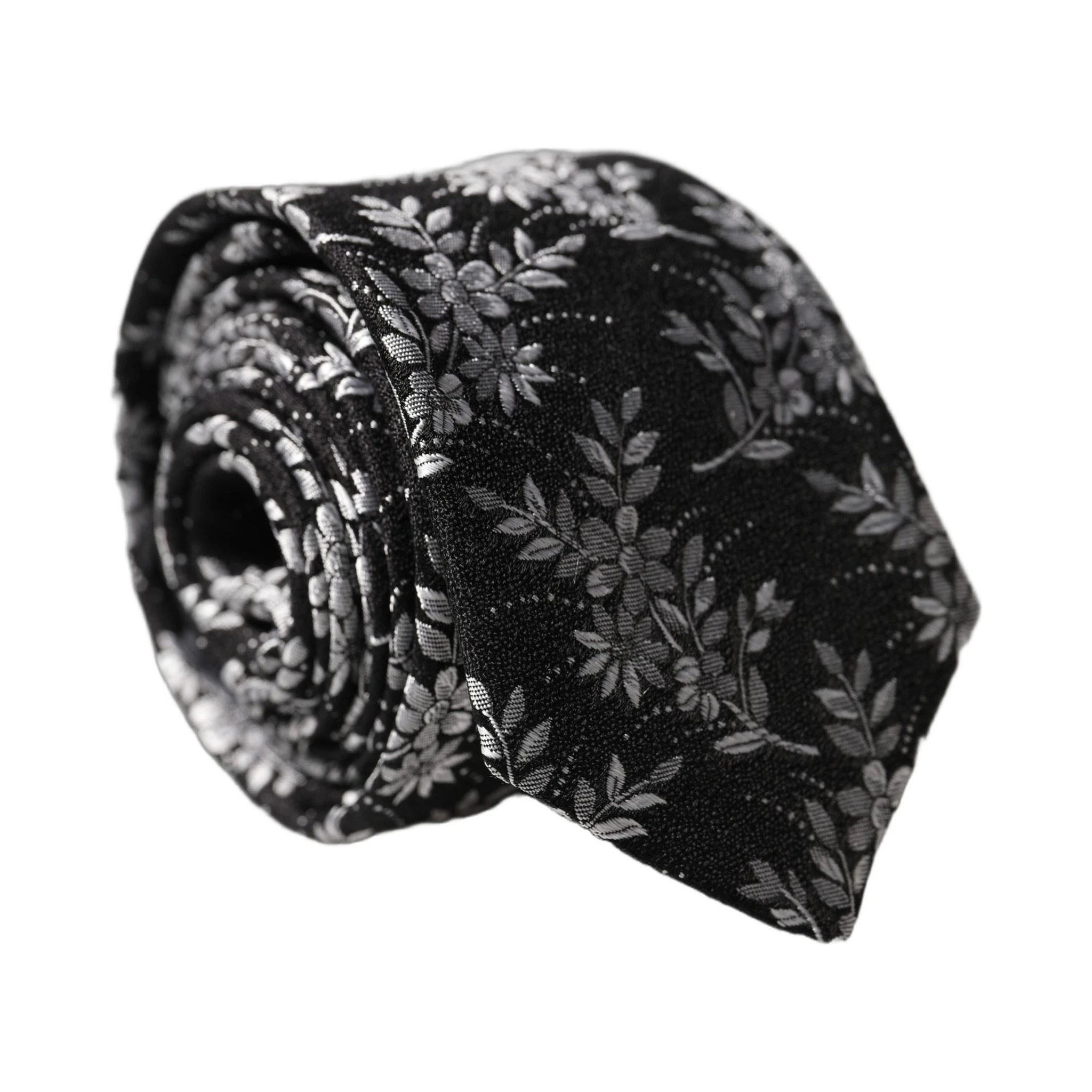 Black White Floral Silk Adjustable Men Tied Necktie Tie