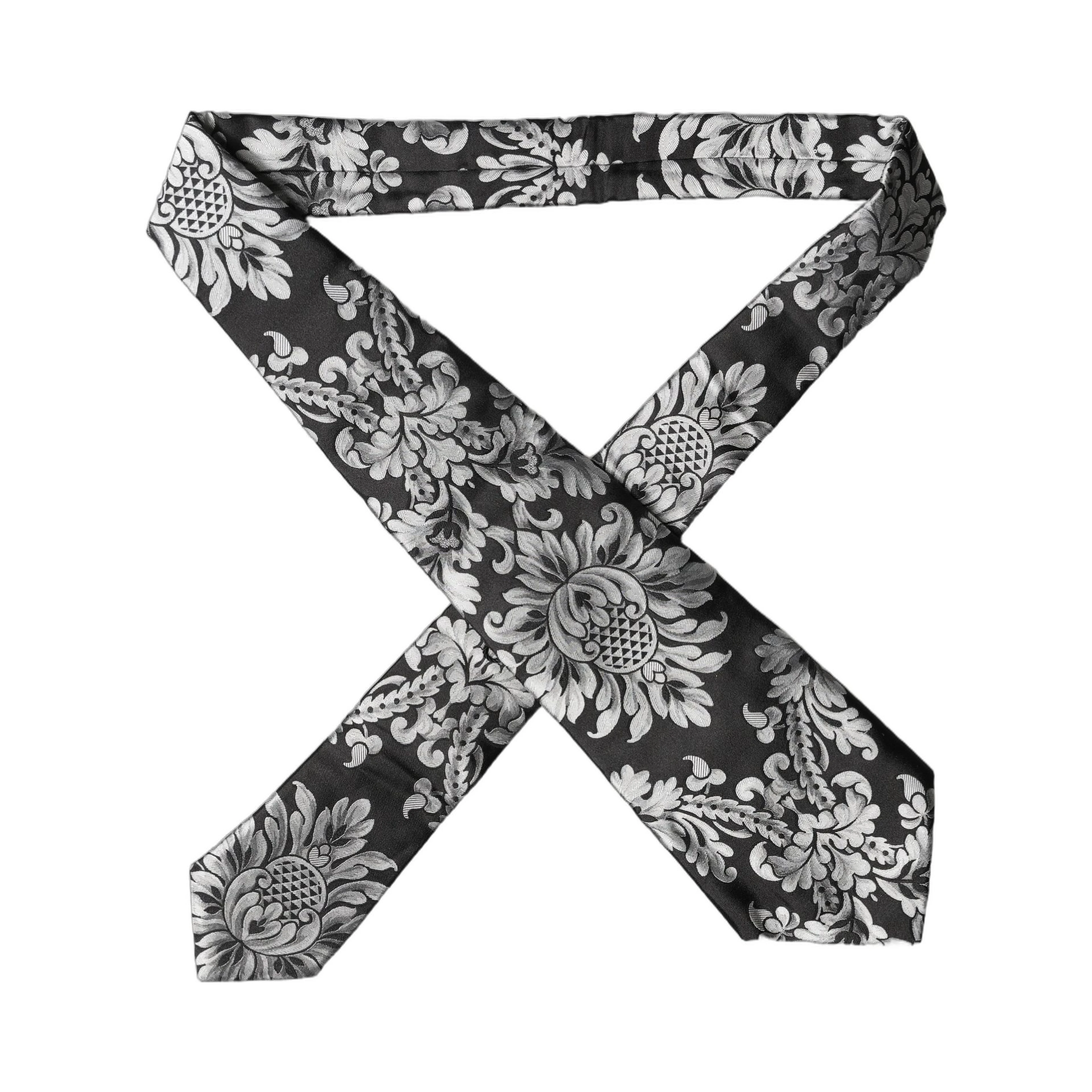 Black Silver Floral Silk Adjustable Women Necktie Tie