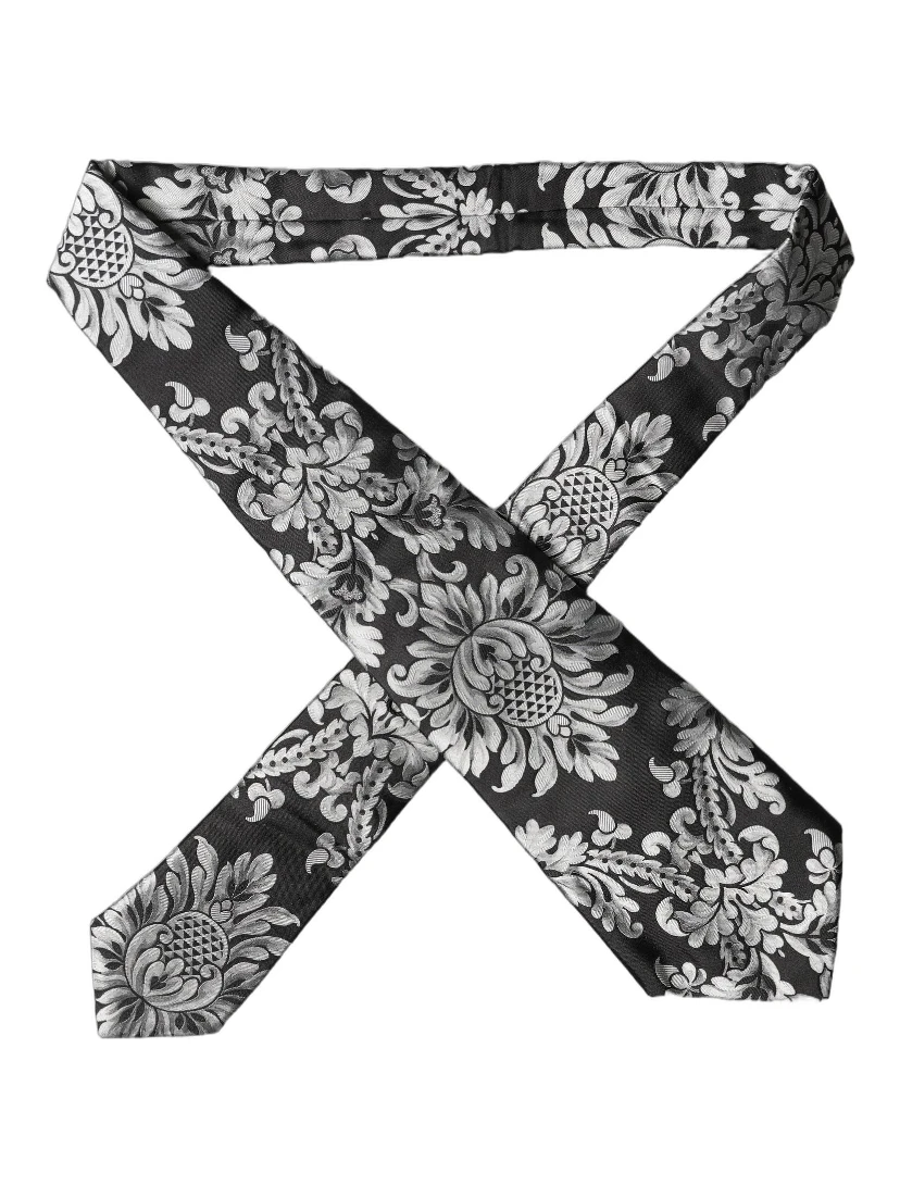 Black Silver Floral Silk Adjustable Women Necktie Tie